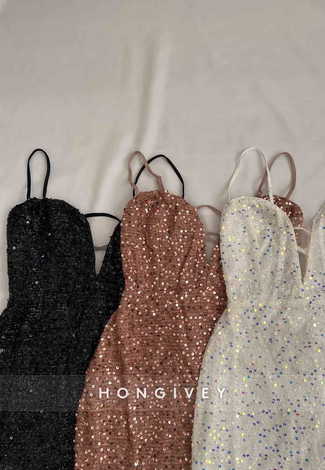 Spaghetti Straps Sequined Low V-Neck Tie Back Sheath Mini Homecoming Dresses