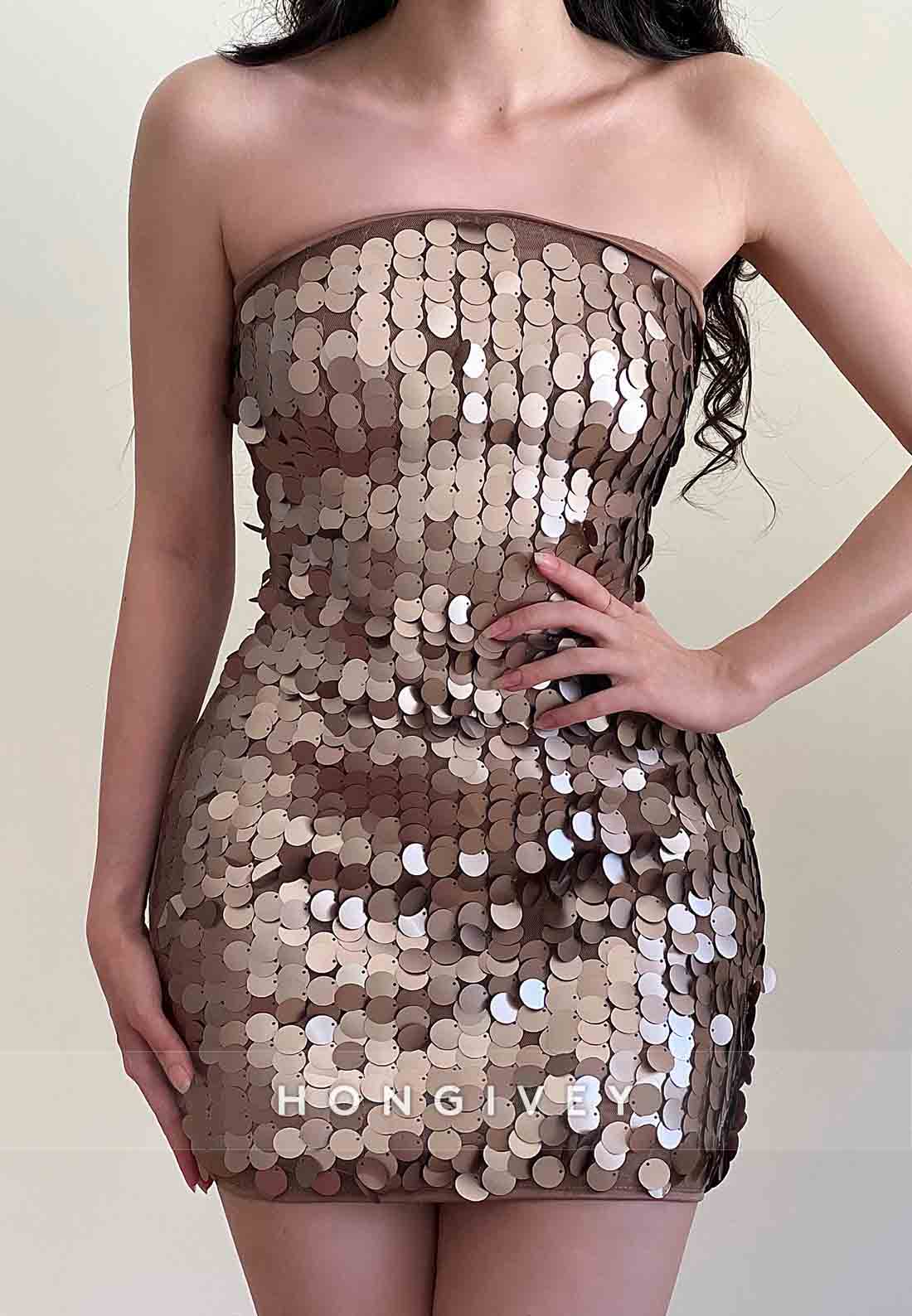 Champagne Sparkly Sequined Strapless Sheath Sleeveless Mini Homecoming Dresses