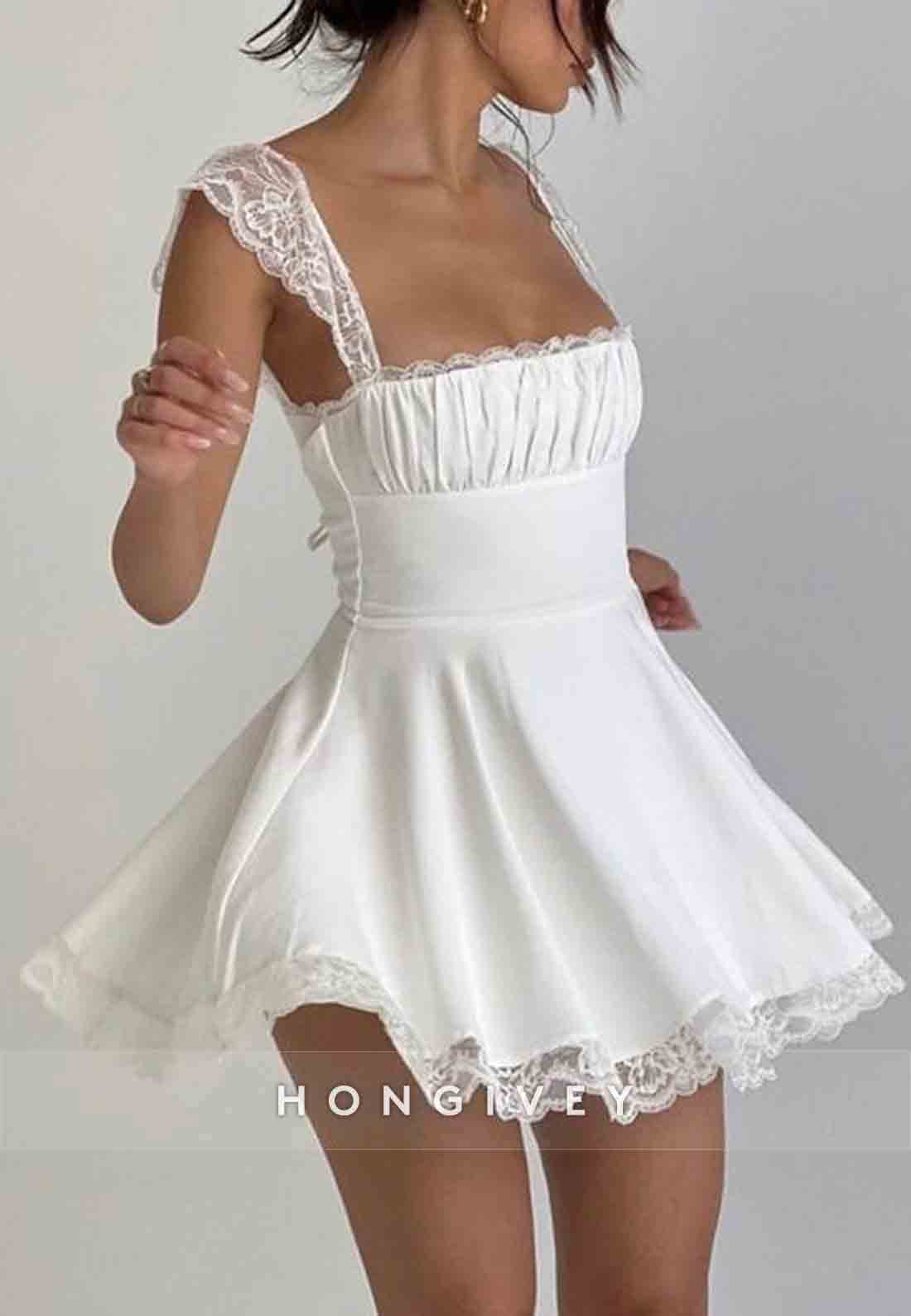 Cap Sleeves Satin A-Line Square Neck Lace Trim Short Homecoming Dresses