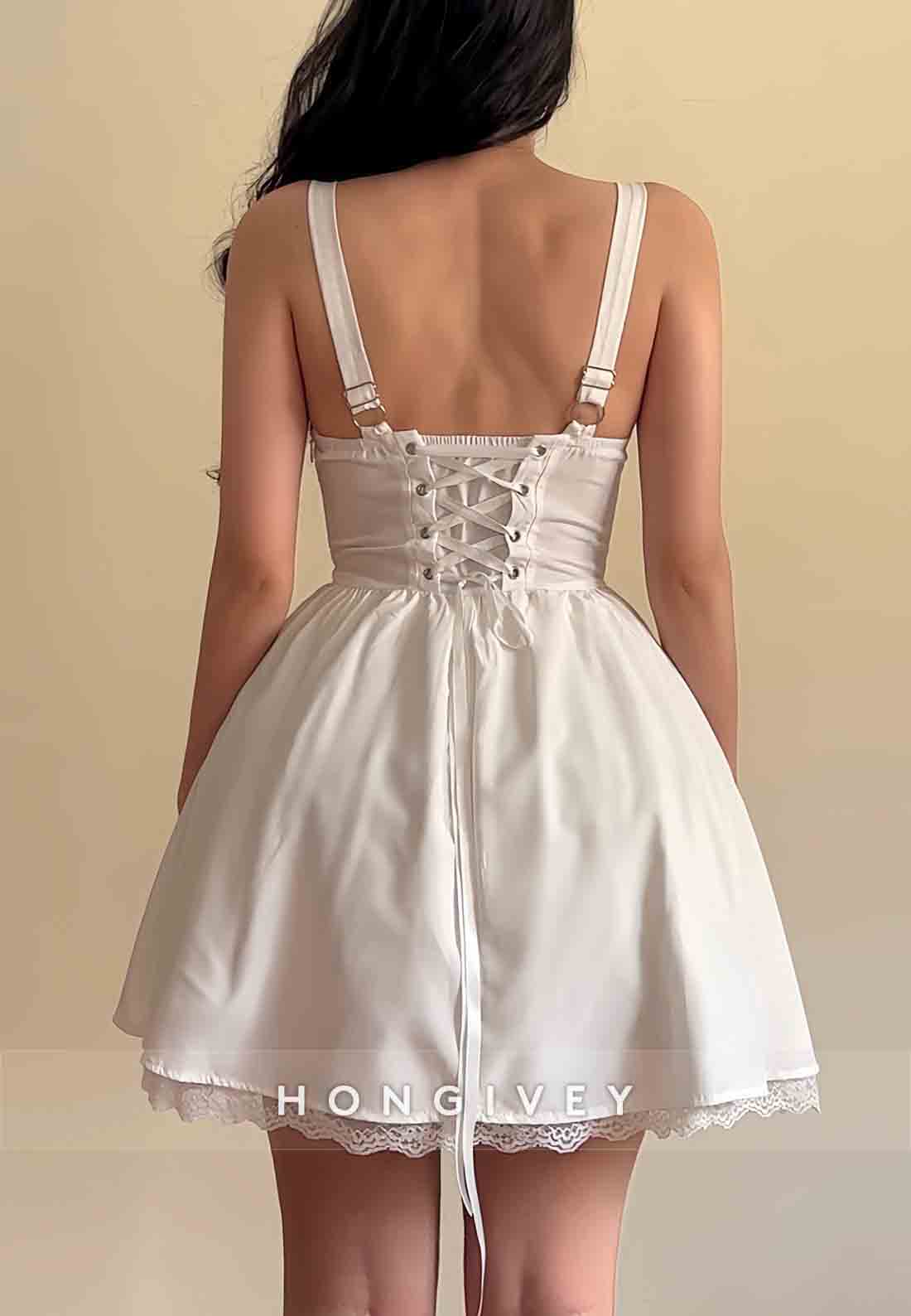 Regular Straps A-Line Tie Back Short Homecoming Dresses with Lace Trim