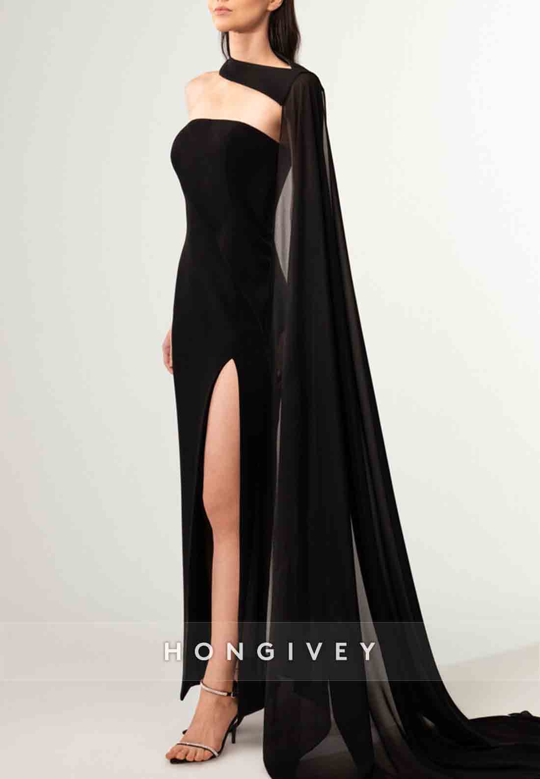 Side Draping One Shoulder High Slit Strapless Evening Gown