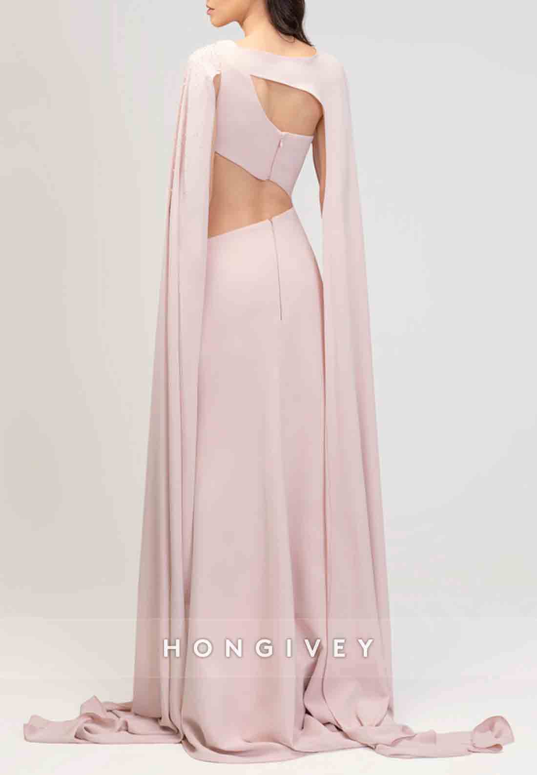 Chiffon Cut out Back Asymmetrical Neck Sweep Train High Slit Evening Gown