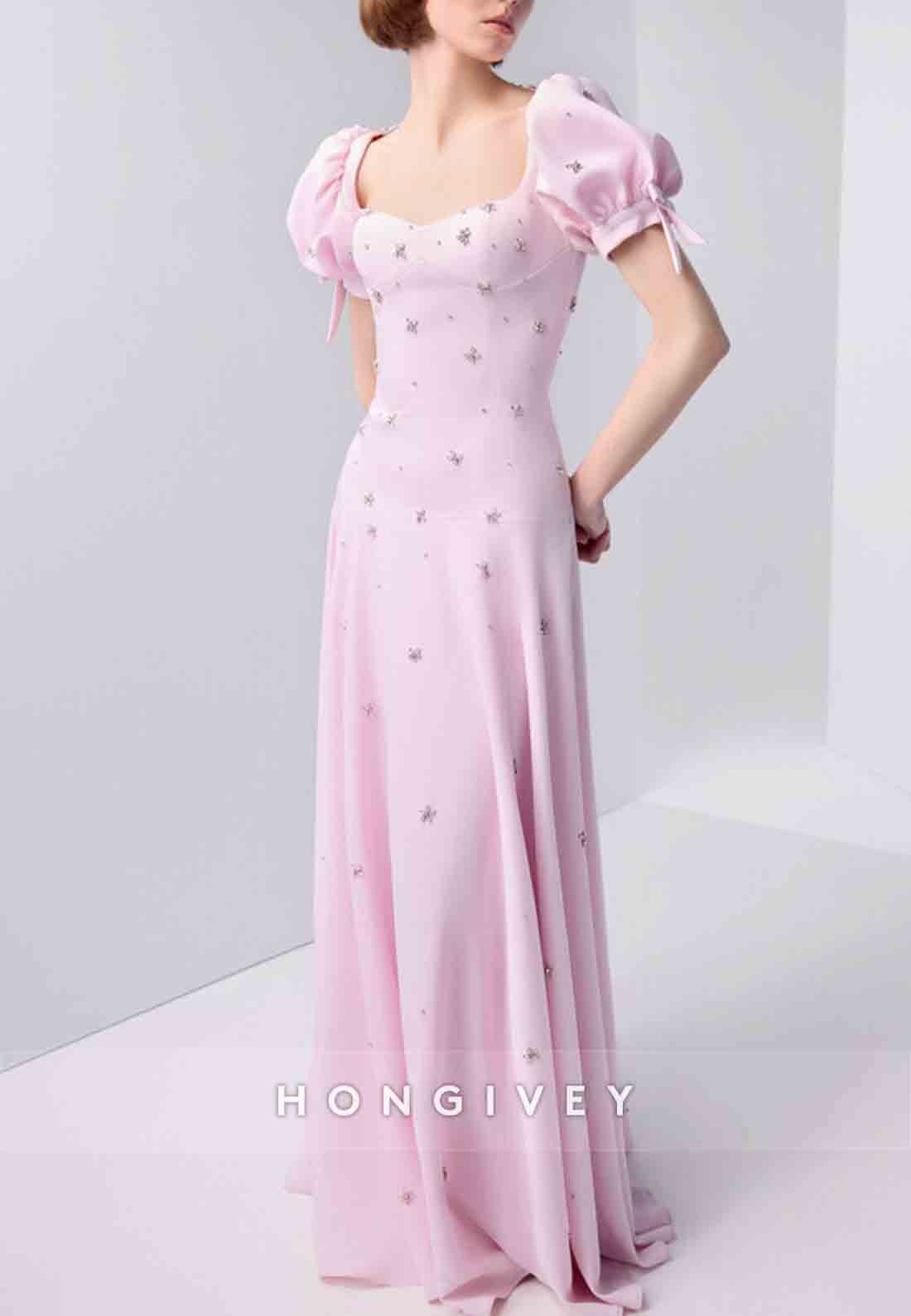 Pink Short Sleeves with Bowknot Backless Floor-Length Pleated Evening Gowns