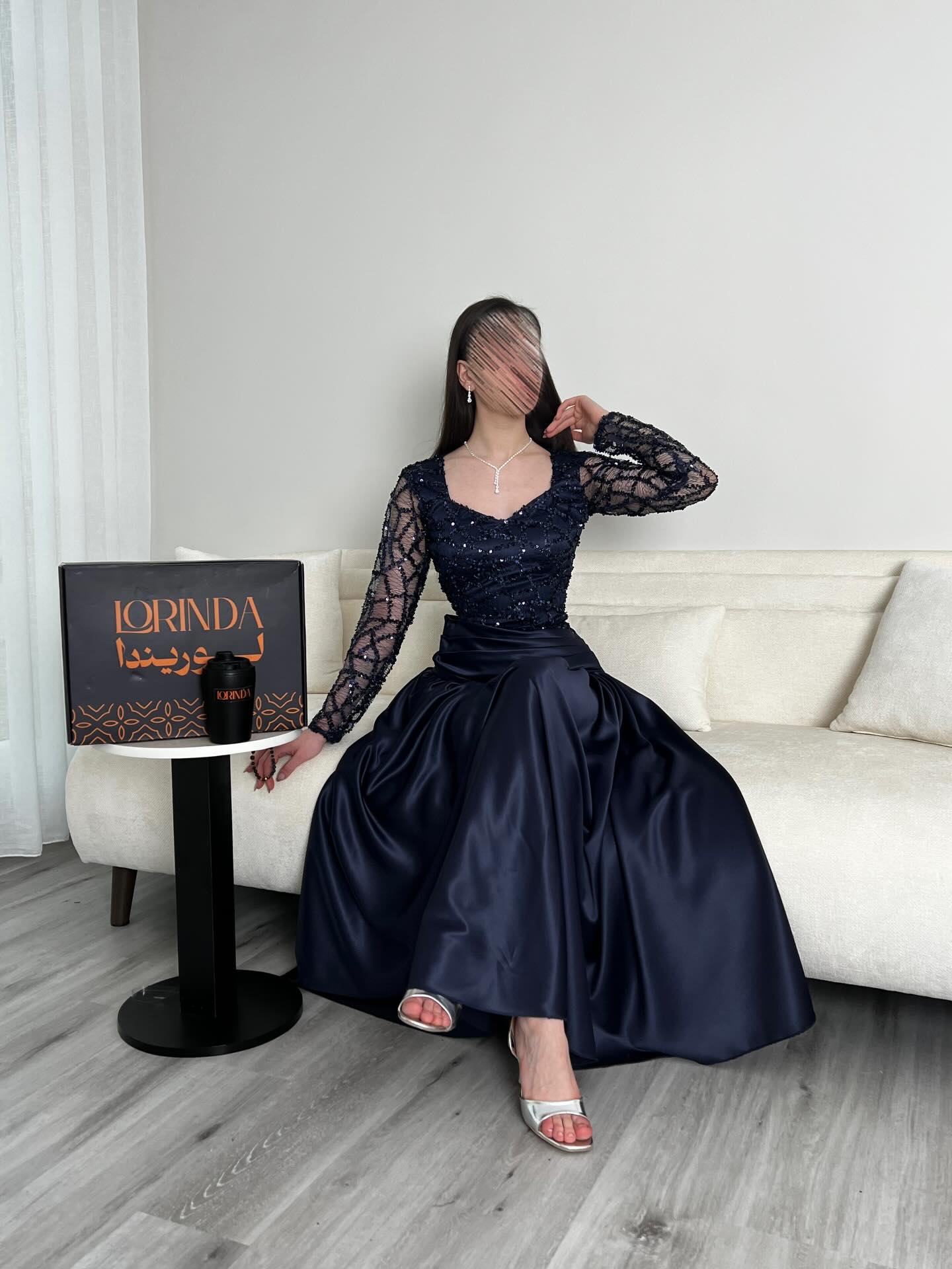 Square Neck Sequins Sparkle Lace Long Sleeve A-Line Ankle-Length Evening Dress