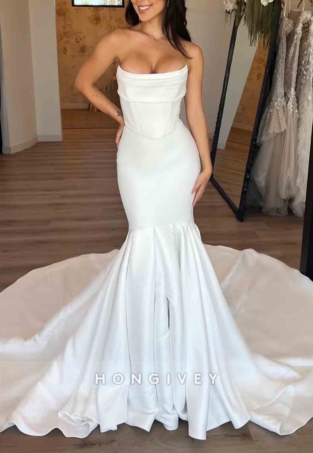 Strapless Pleated Sleeveless Court Train Mermaid Wedding Dresses