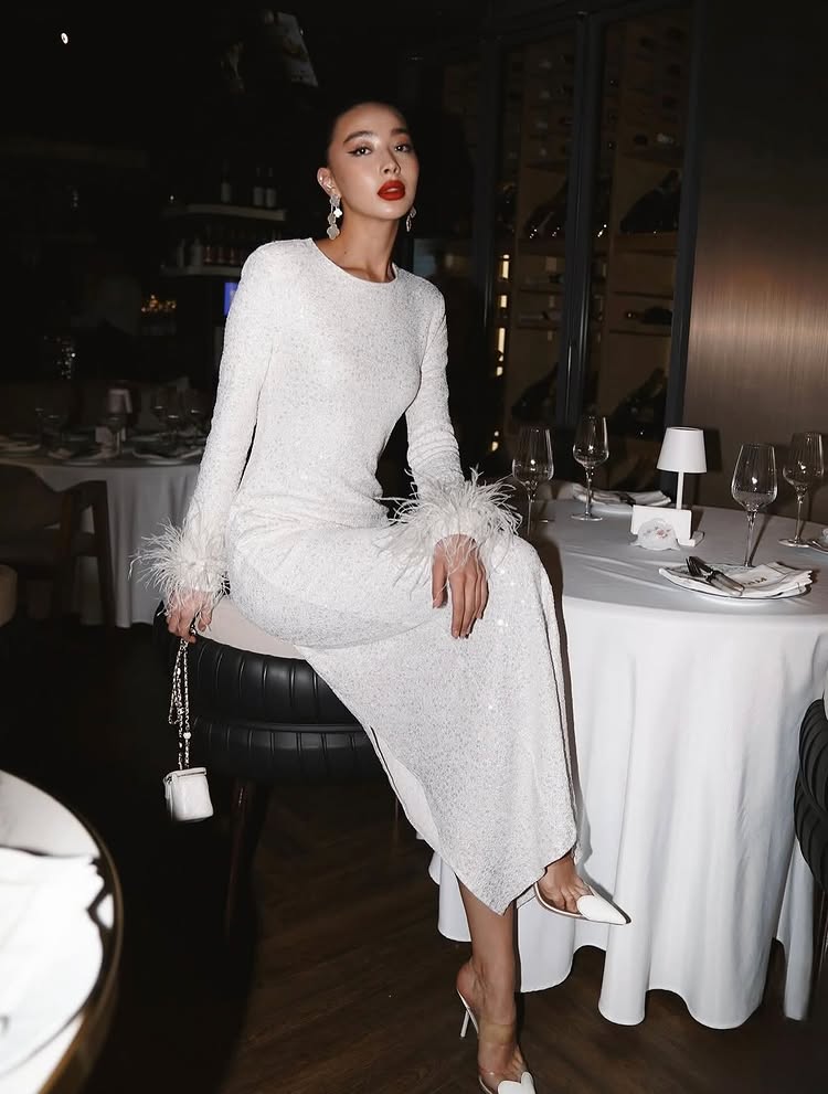 Sequins Sparkle O-Neck Long Sleeve Mermaid Feathe Ankle-Length Evening Dress