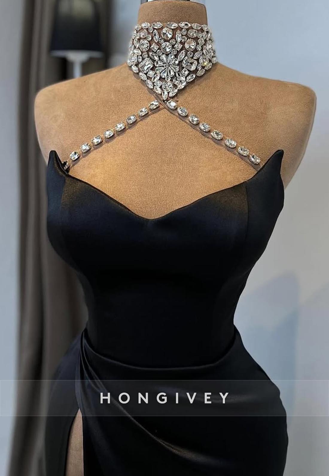 Cross-Neck Mermaid Rhinestone Simple Couture Prom Dresses with High Slit