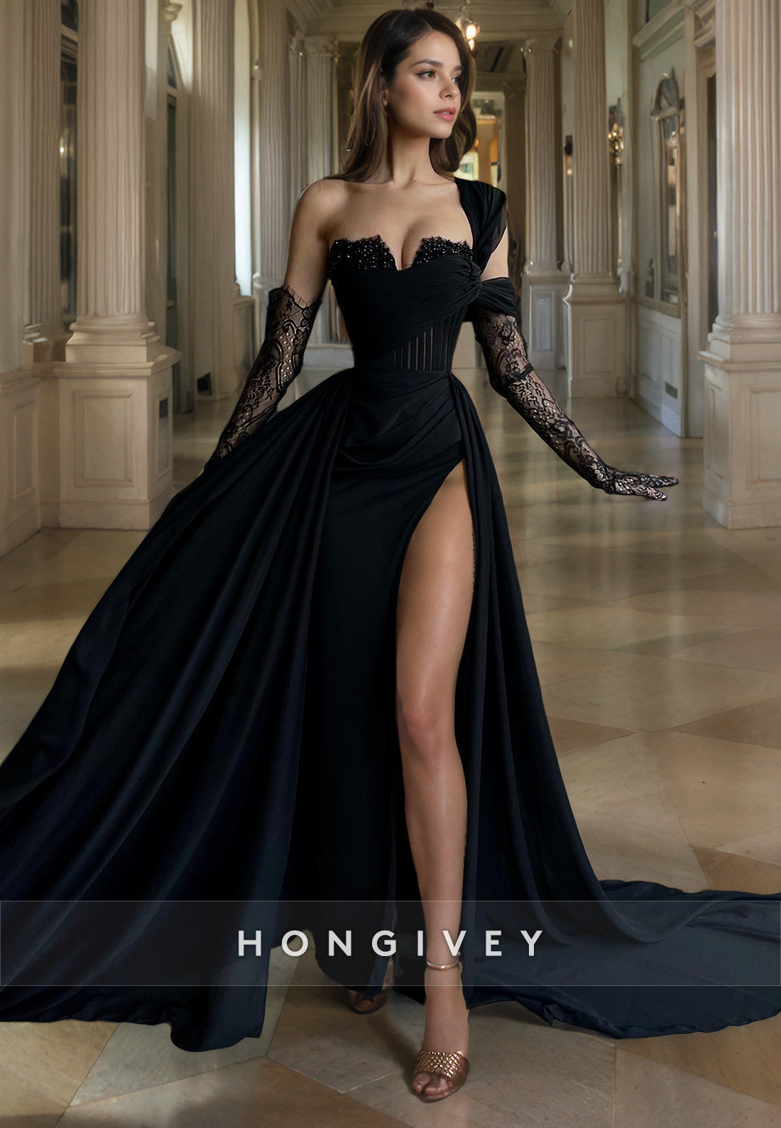 Sexy Illusion Asymmetrical Lace Sleeves With Train and High Slit Party