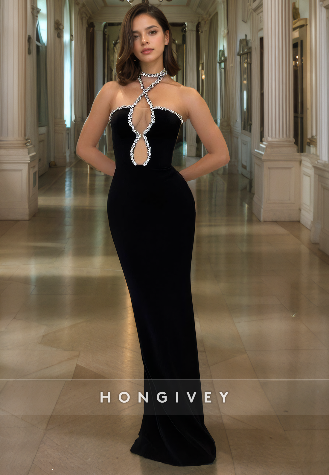 Fitted Satin Halter Sleeveless Beaded Long Prom Dress Fitted Satin Halter Sleeveless Beaded Long Prom Dress