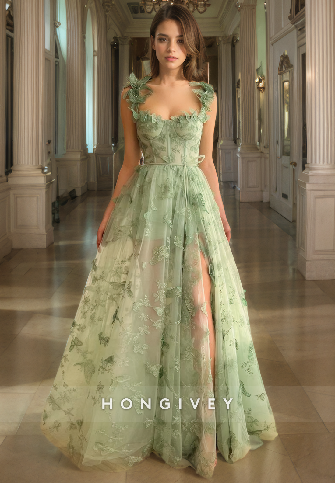Chic Tulle A-Line Sweetheart Spaghetti Straps Floral Appliqued Long Pr Chic Tulle A-Line Sweetheart Spaghetti Straps Floral Appliqued Long Pr