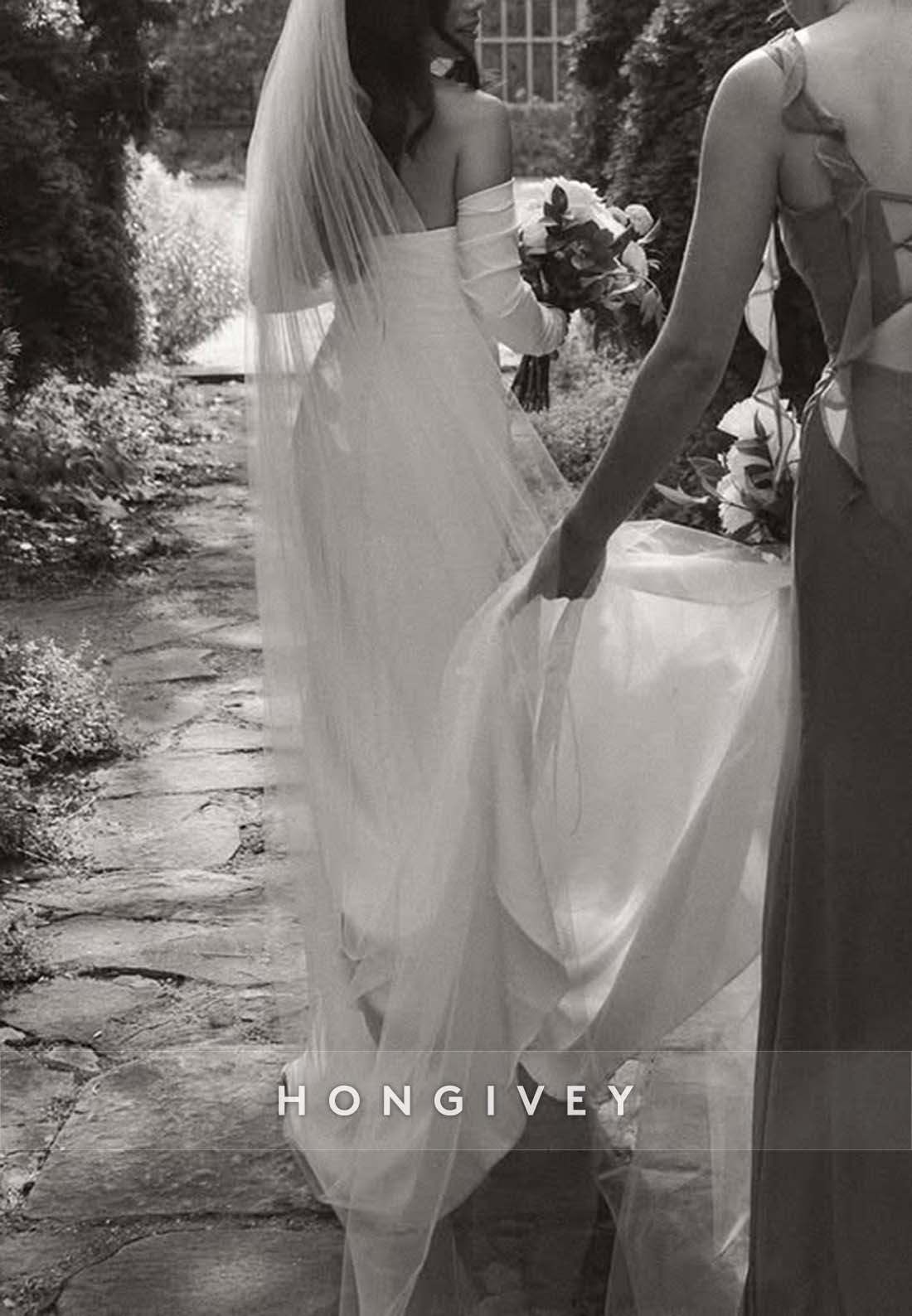 Off the Shoulder Pleated Trumpet Court Train Long Sleeve Wedding Dresses