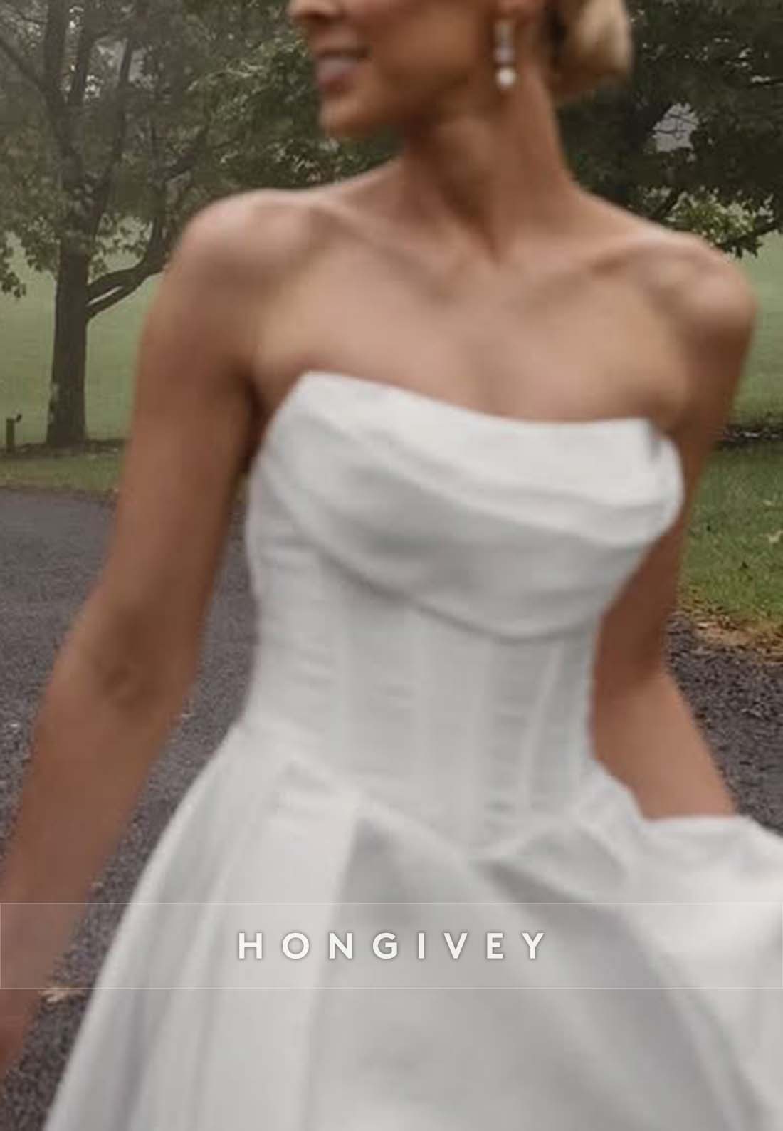 High Slit Pleated Strapless A-line Chapel Train Wedding Dresses