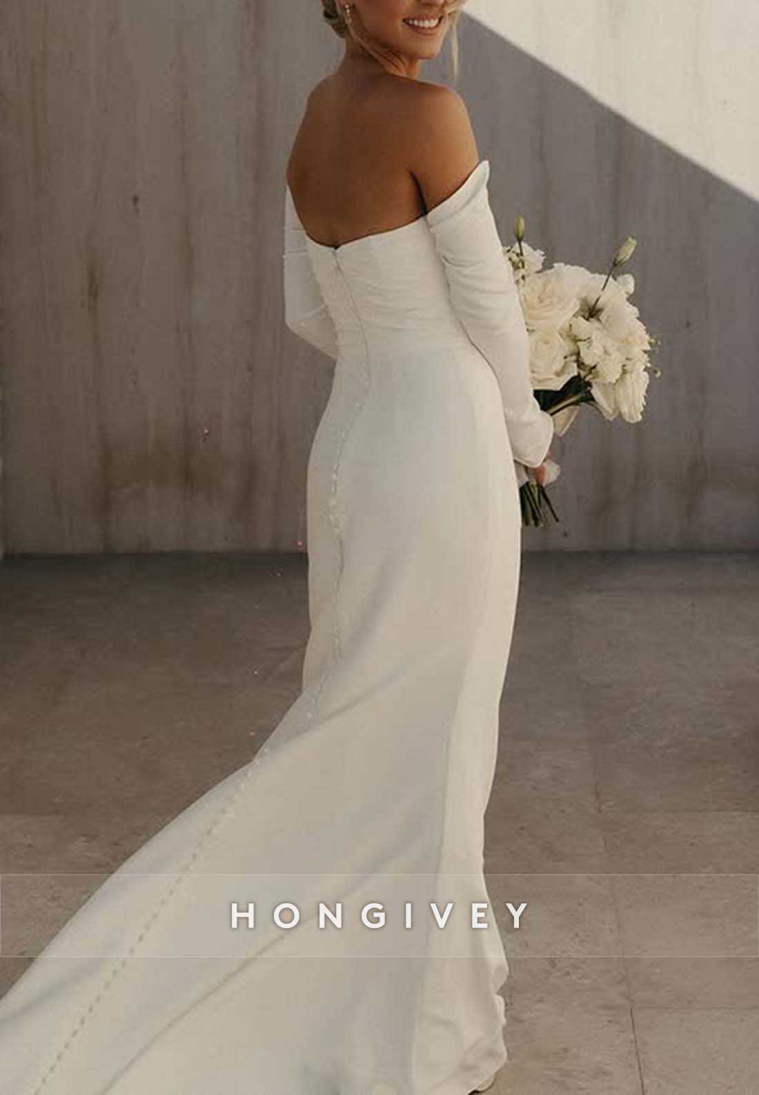 Off the Shoulder Simple Pleated Low Back Long Sleeve Wedding Dresses