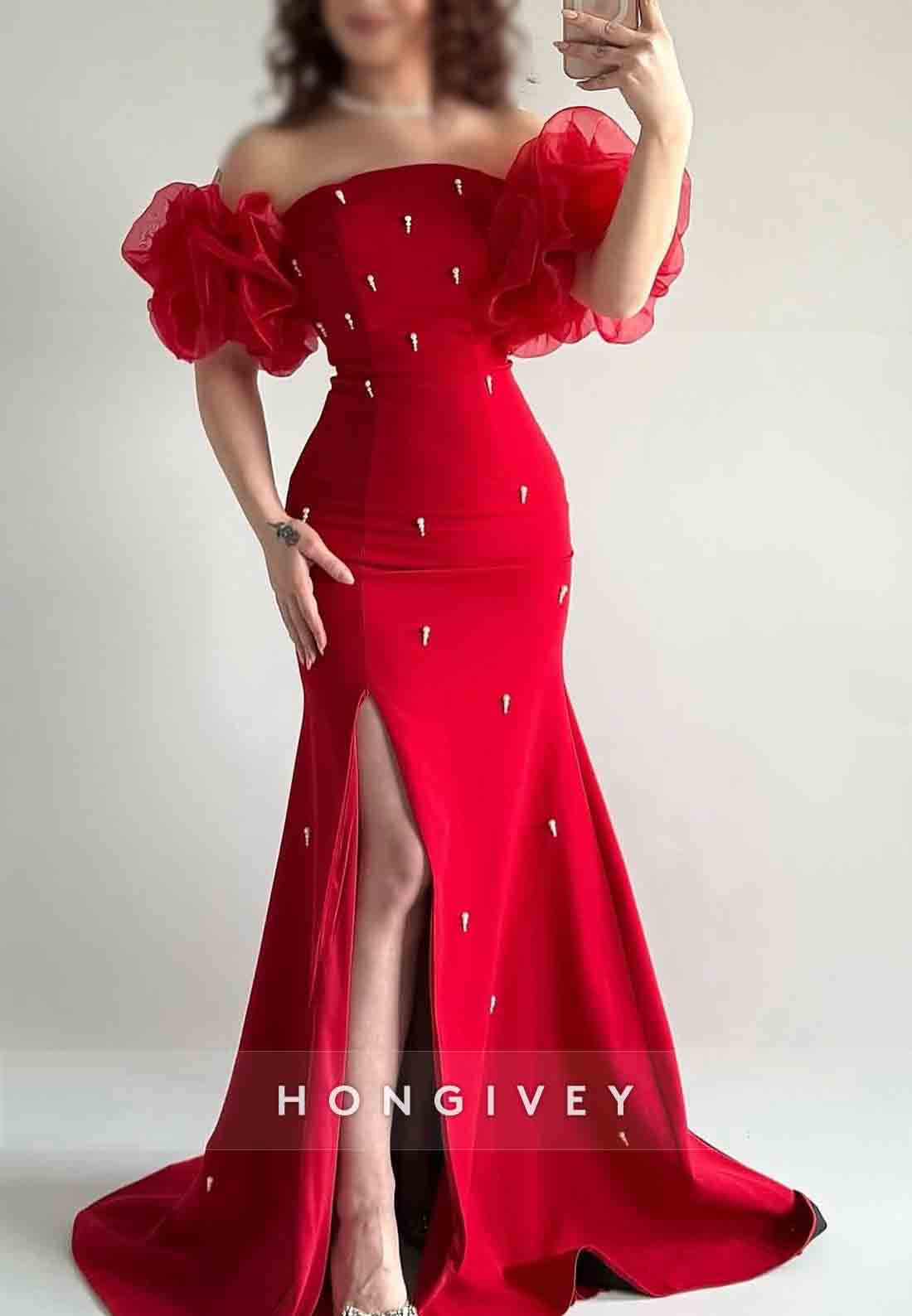 Red Off the Shoulder Side Slit Floor-Length Trumpet Evening Gowns