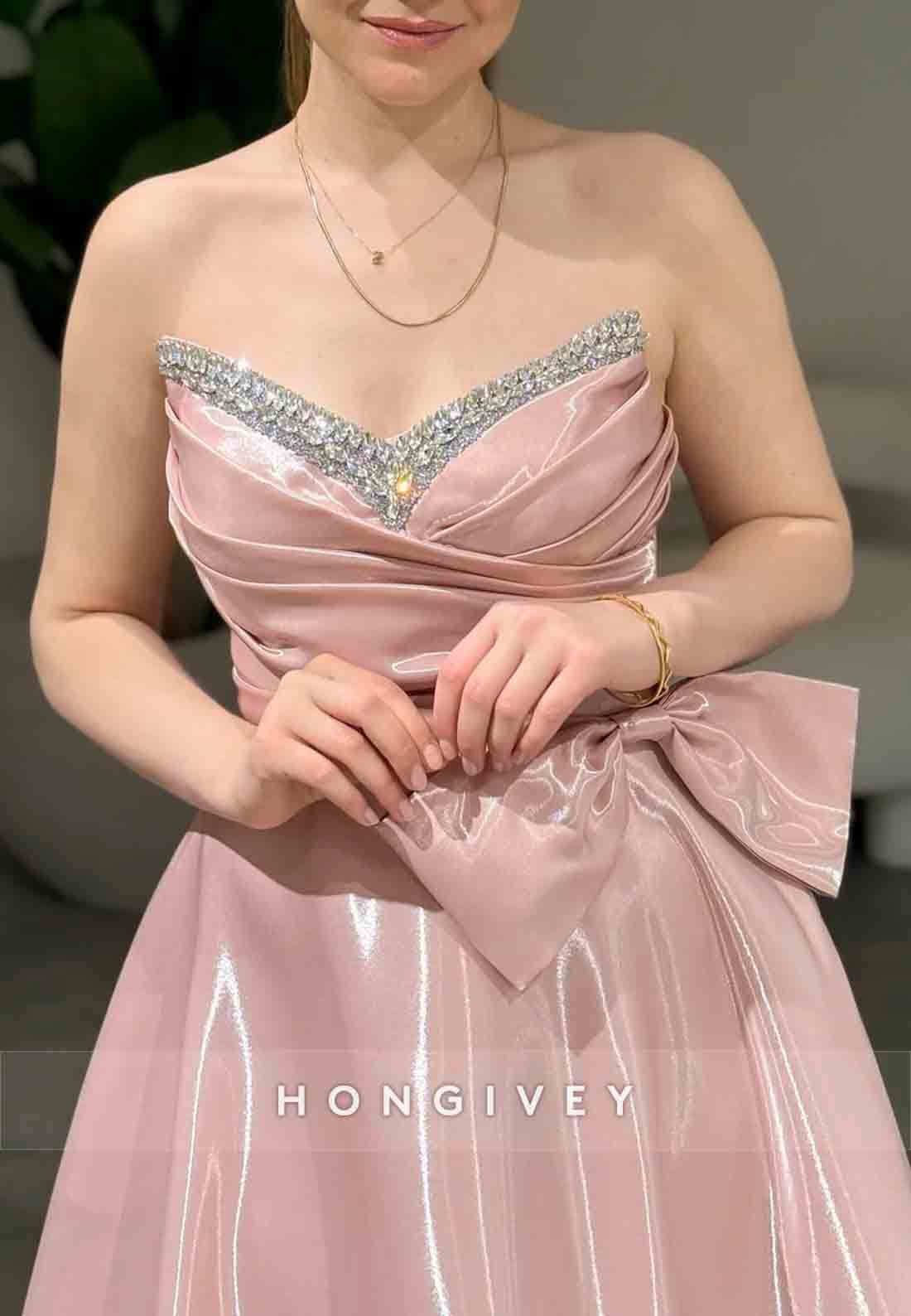 Strapless Crisscross Back Empire A-Line Pleated Bowknot Evening Gowns