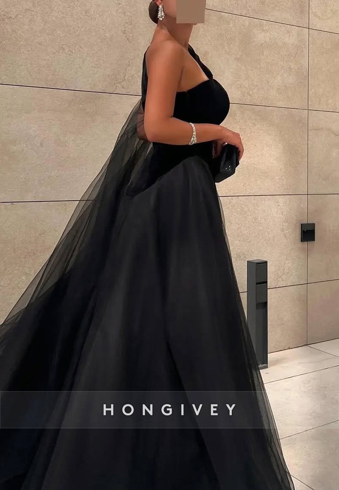A-line Floor-Length One Shoulder Tulle Black Formal Evening Dresses