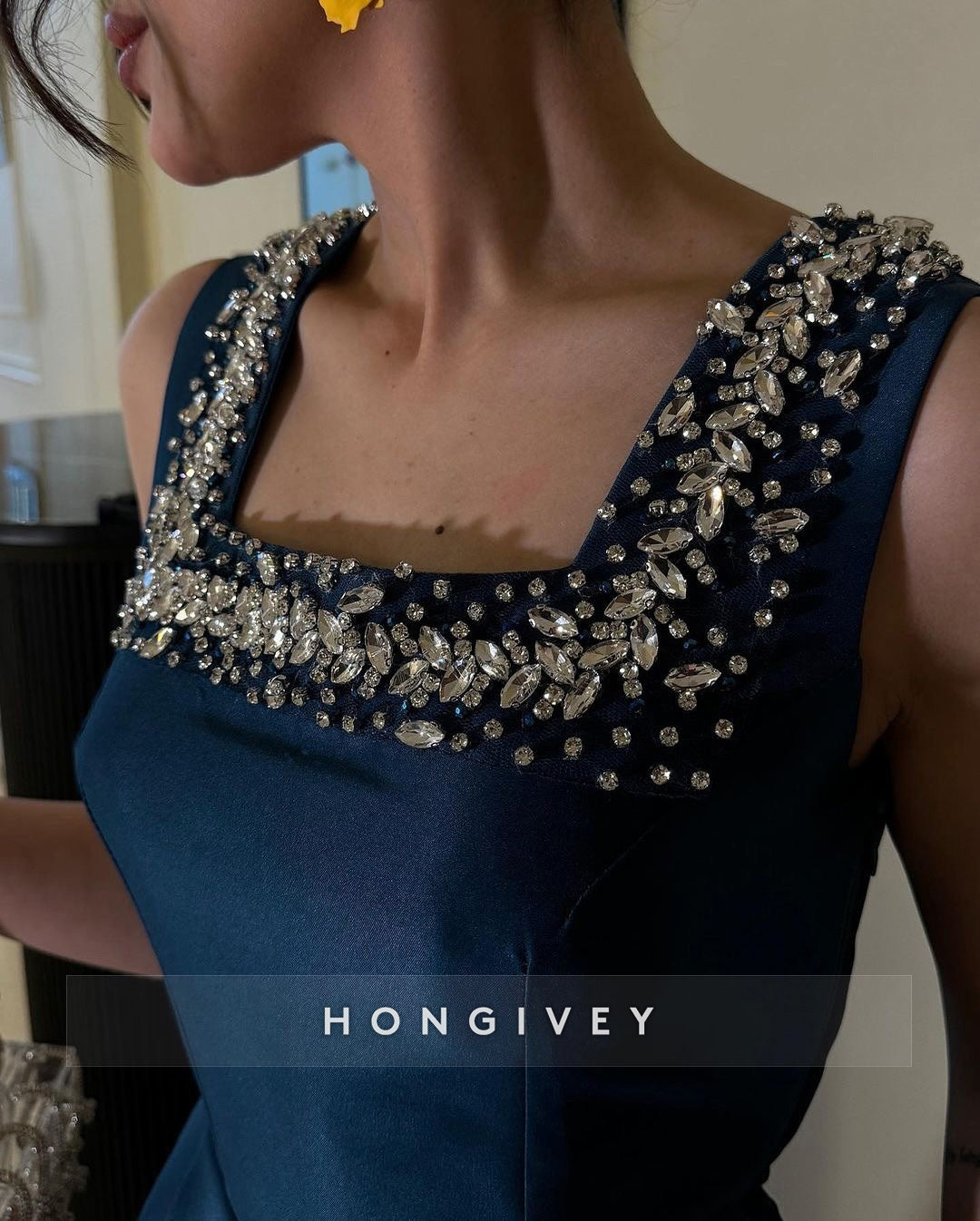 Blue Square SplitSatin Beading Cap Sleeves Formal Evening Dresses