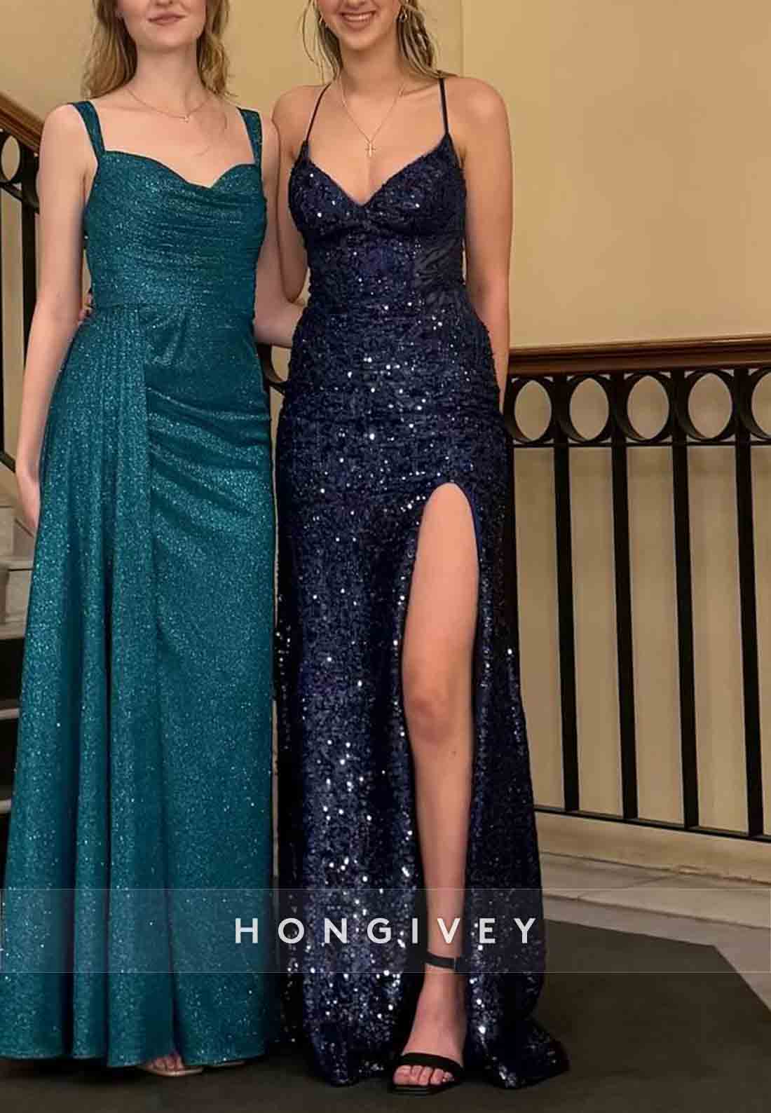 Sparkly Tie Back Spaghetti Straps V-Neck High Slit Sequined Prom Dresses