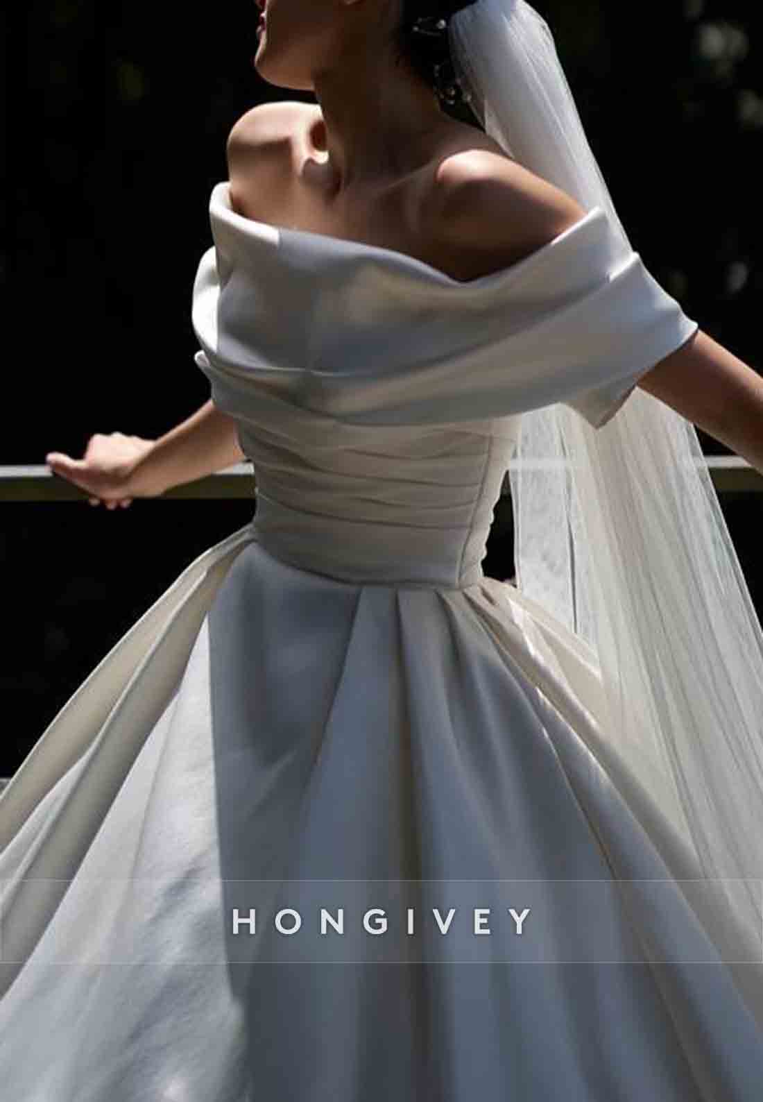 Simple Chapel Train Off the Shoulder Satin A-Line Wedding Dresses with Slit