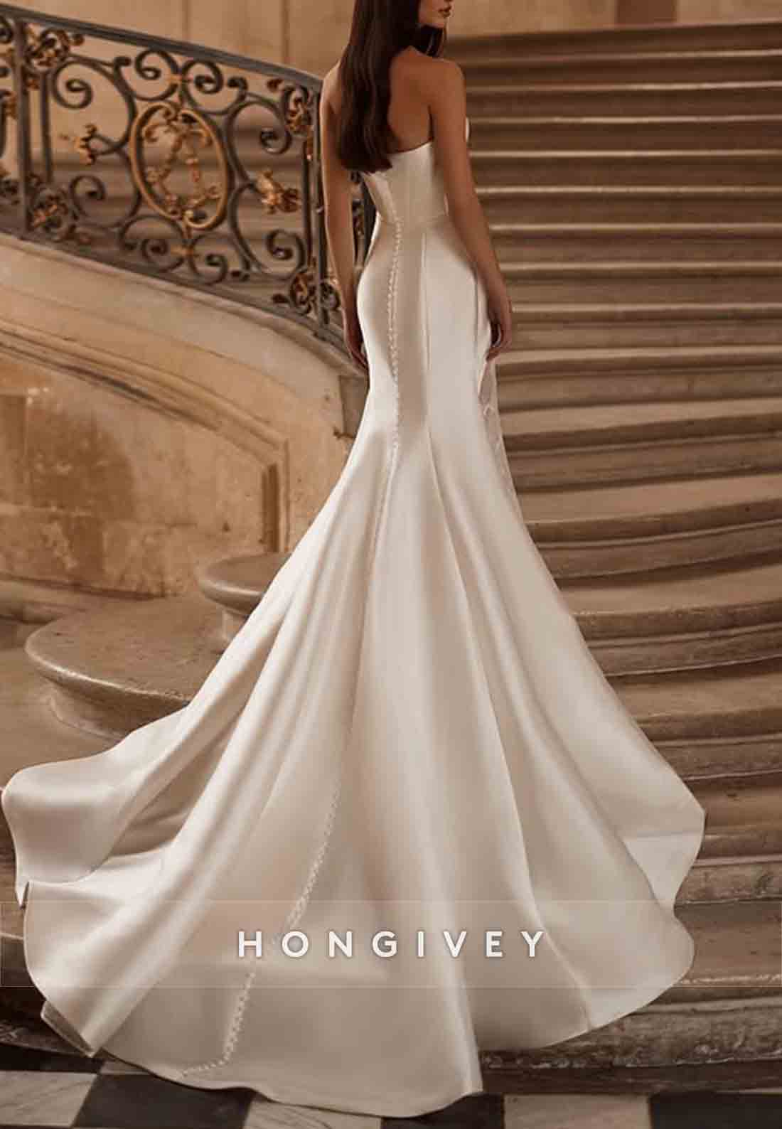 Simple Strapless Satin Court Train Mermaid Wedding Dresses with Lace Slit