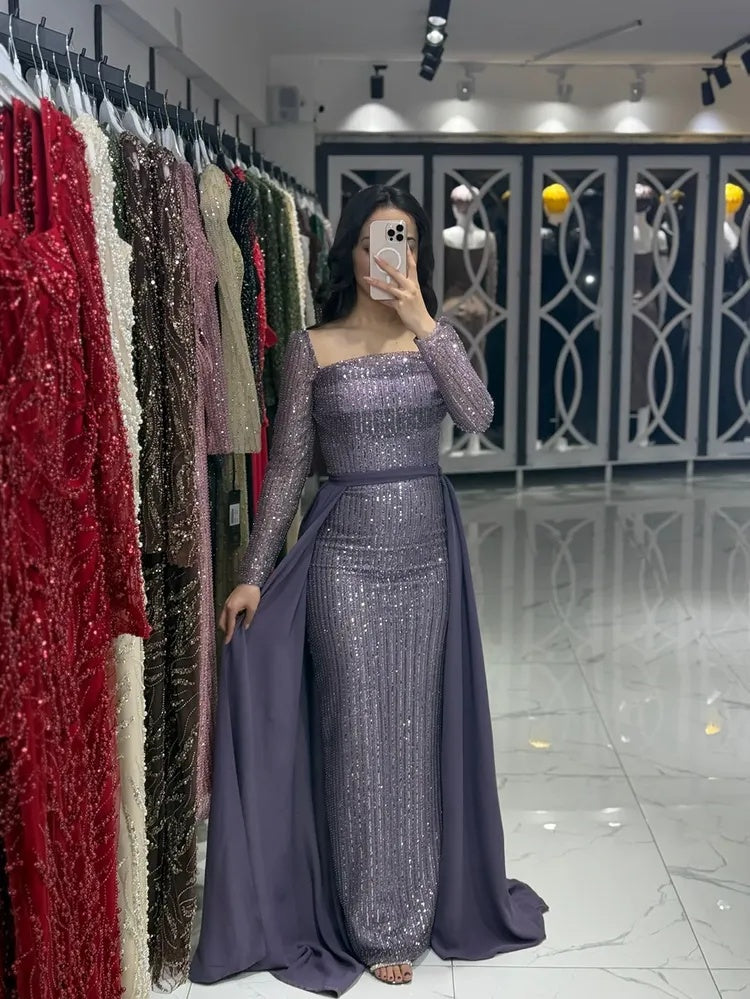 Elegant Sequins Sparkl Square Neck Long Sleeve Mermaid Evening Dress Court Train