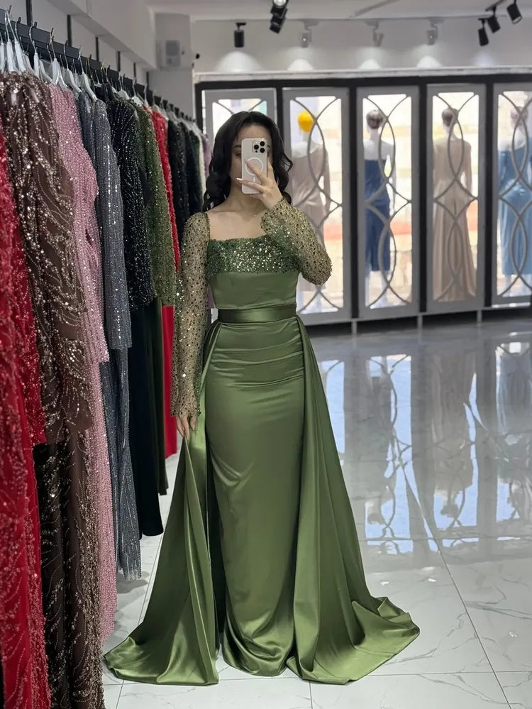 Green Square Neck Lace Sequins Sparkle Long Sleeve Mermaid Evening Dress