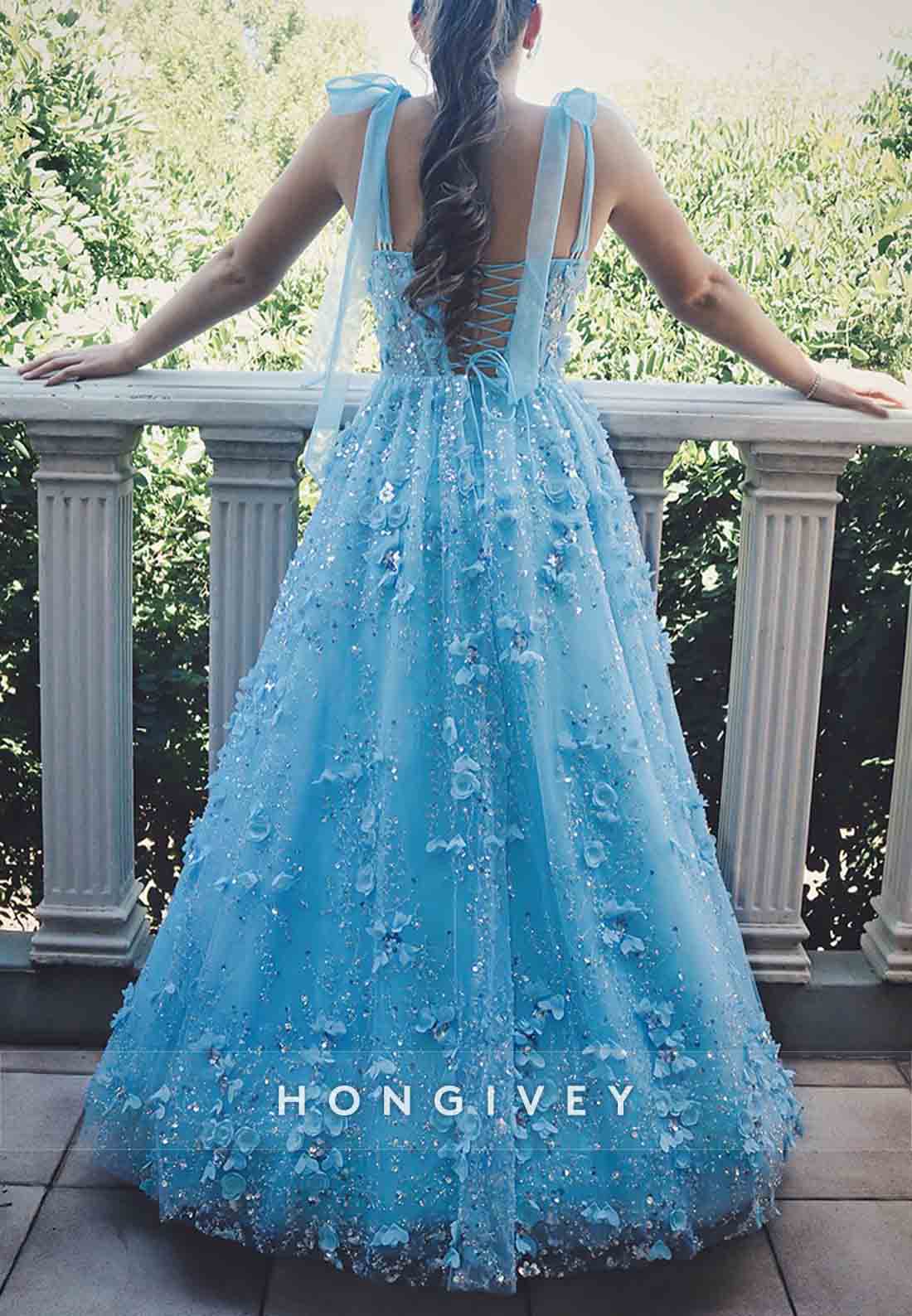 Blue Sleeveless A-Line Appliqued Tie Back Prom Dresses with Bowknot