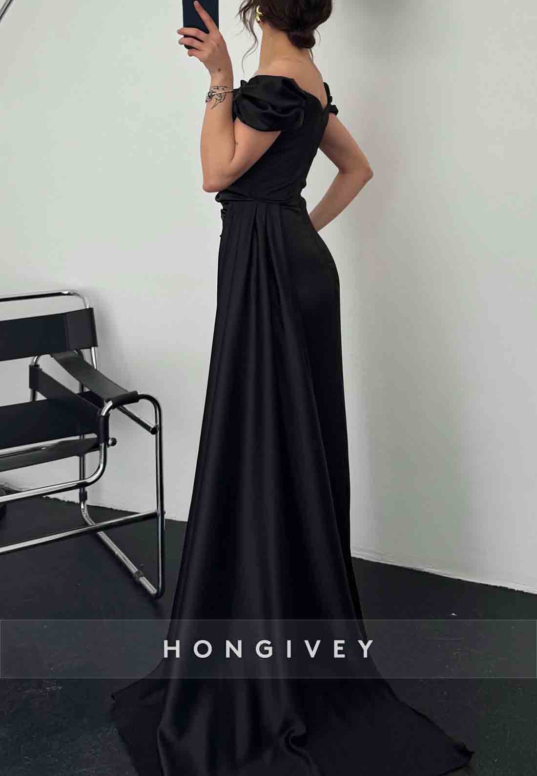 Side Draping Off the Shoulder Sheath Floor-Length Pleated Evening Gowns