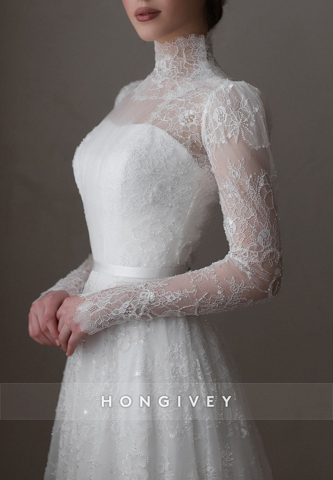 Illusion Neck High Neck A-Line Court Train Lace Long Sleeves Wedding Dresses