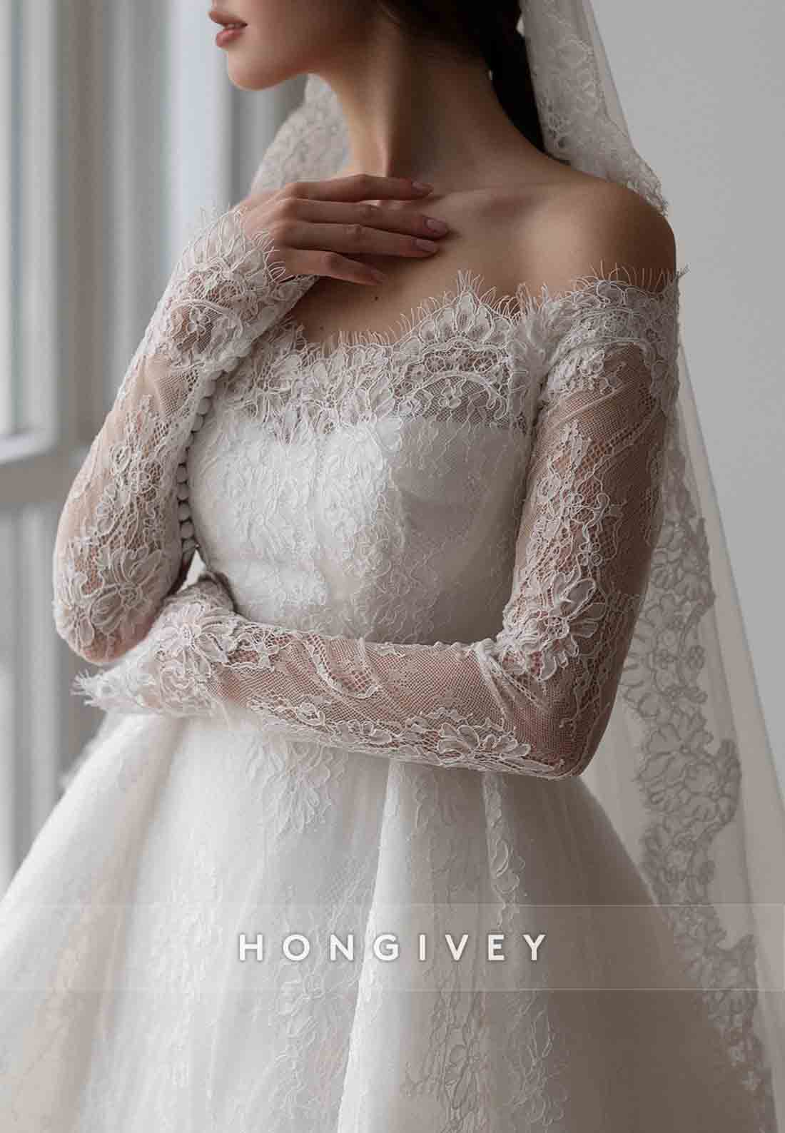 Lace A-Line Off the Shoulder Long Sleeves Court Train Detachable Wedding Dresses