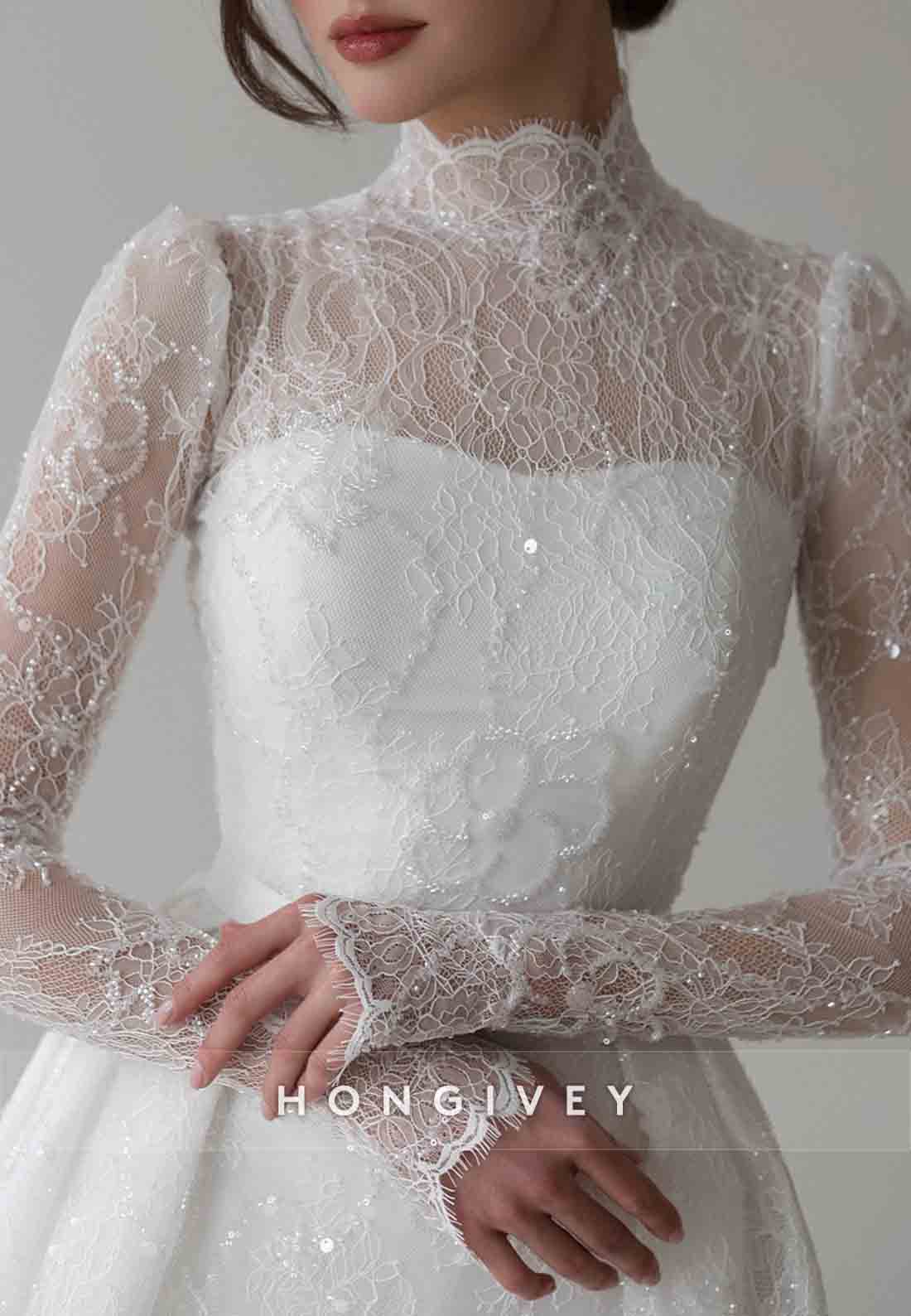 High Neck Long Sleeves Pleated A-Line Detachable Lace Wedding Dresses