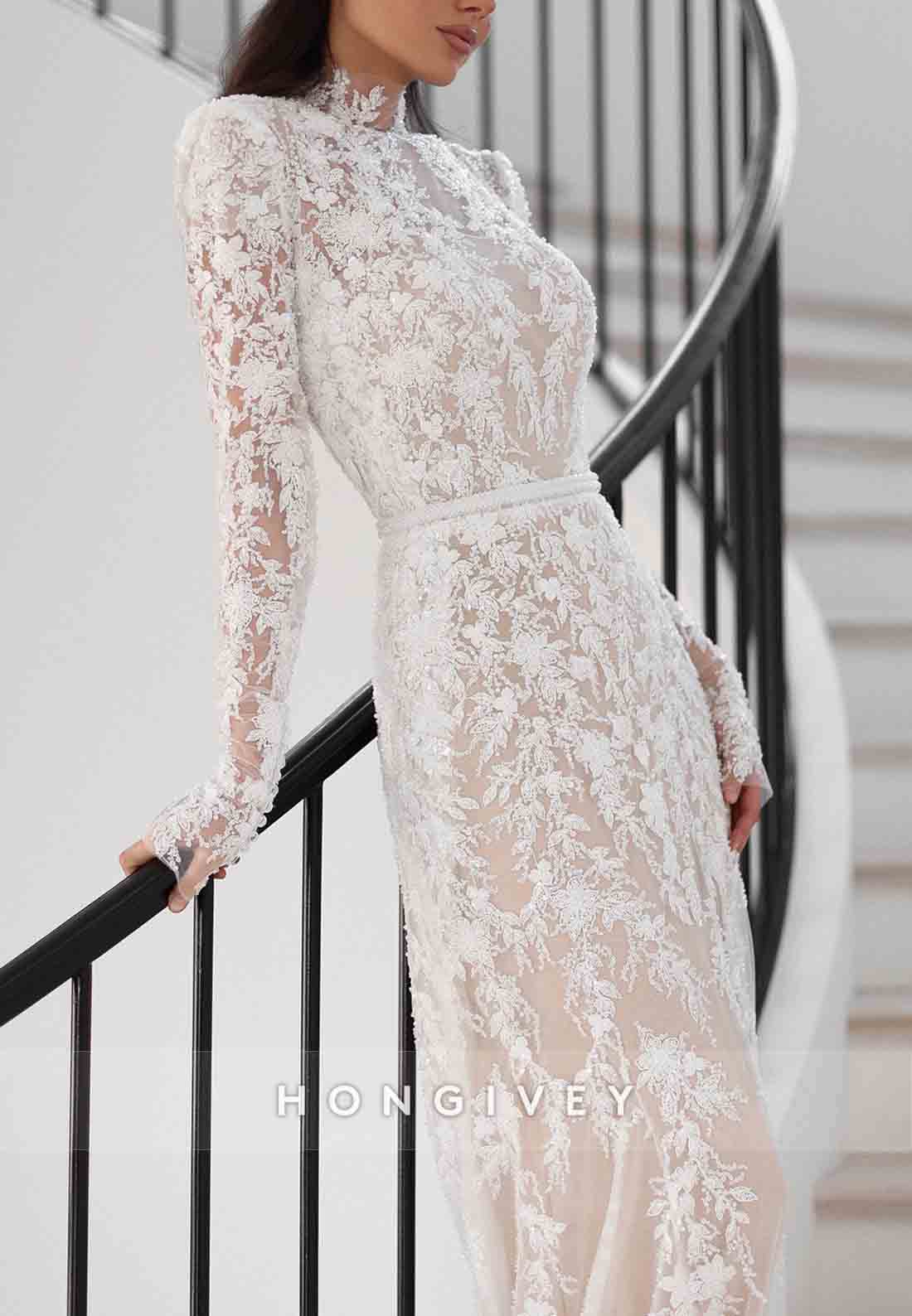 Column High Neck Lace Long Sleeves Court Train Wedding Dresses