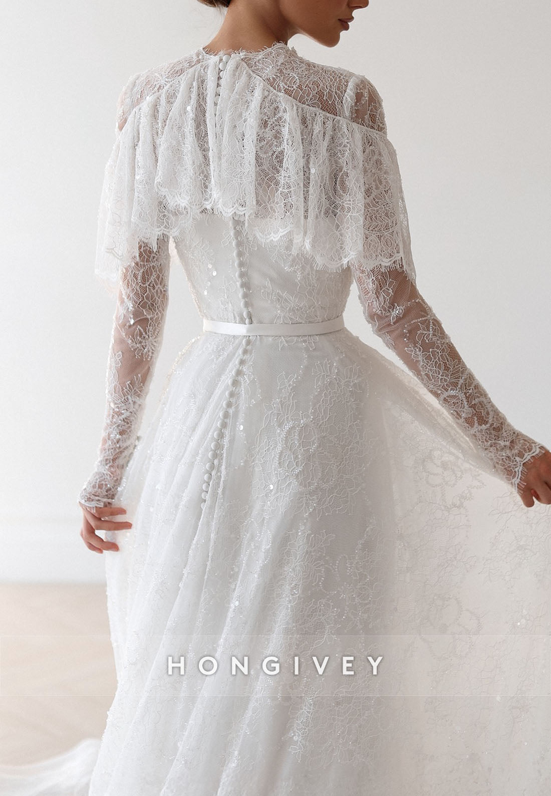 Elegant Shawl Long Sleeves Lace Court Train A-Line Wedding Dresses