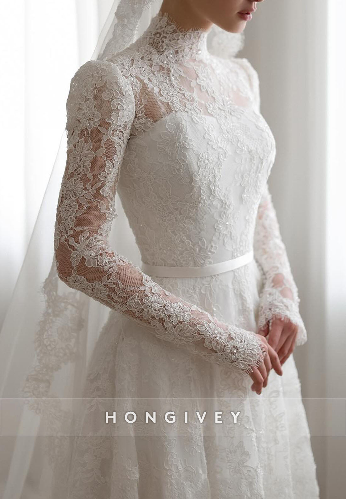 High Neck Lace A-Line Illusion Neck Court Train Long Sleeves Wedding Dresses