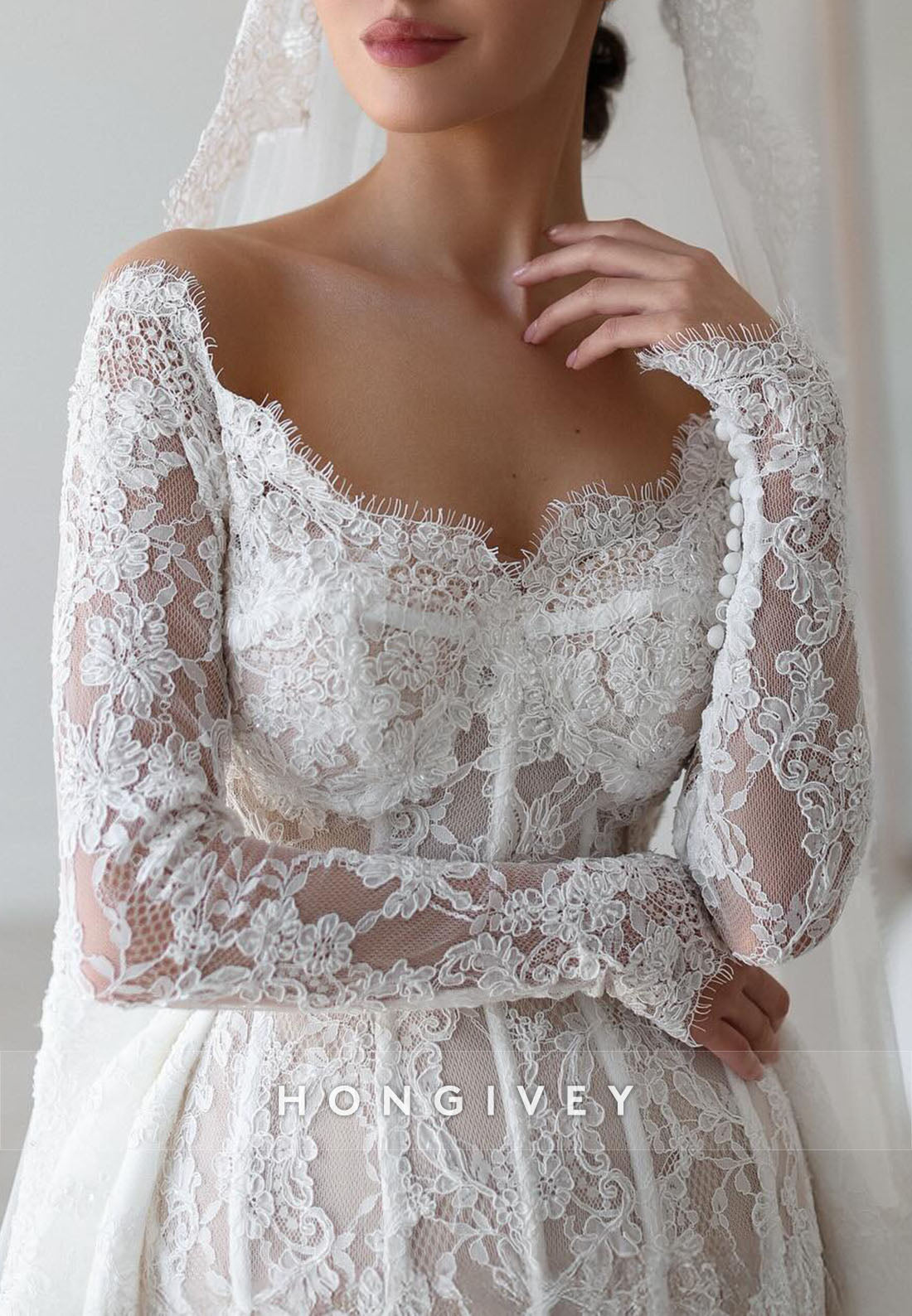 Off the Shoulder Long Sleeves Lace Detachable Court Train A-Line Wedding Dresses