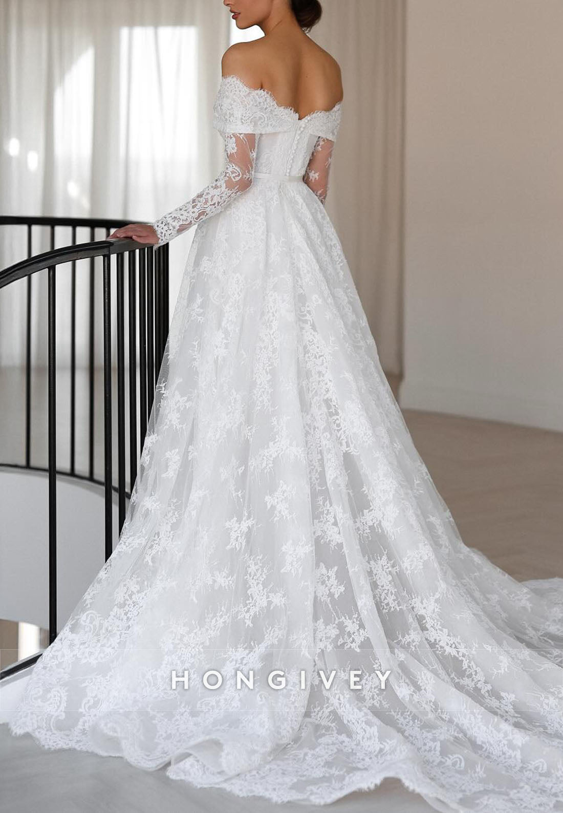 Off the Shoulder Long Sleeves Lace Court Train A-Line Wedding Dresses