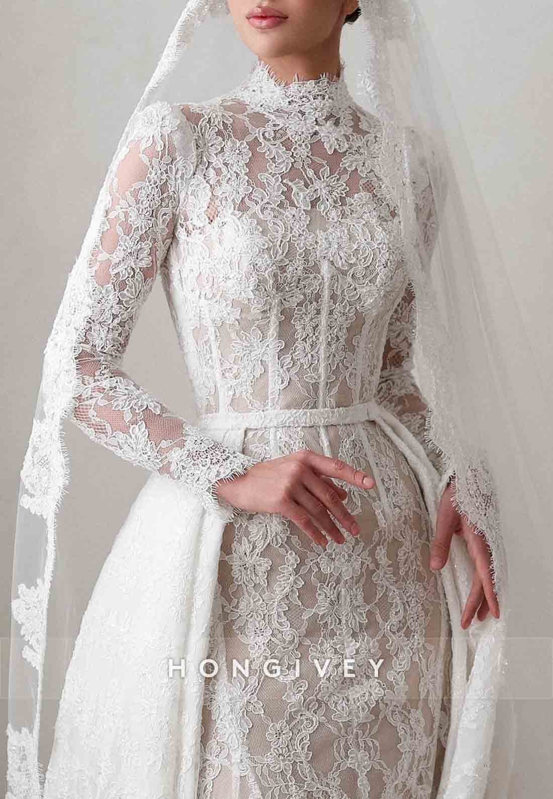 Detachable High Neck Lace Column Long Sleeves Vintage Wedding Dresses