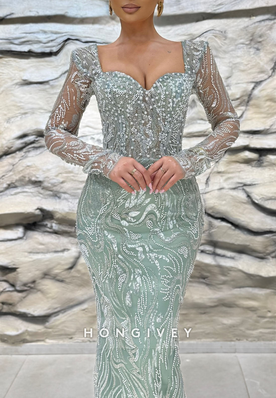 Beading Sheath Floor-Length Long Sleeve Evening Gown