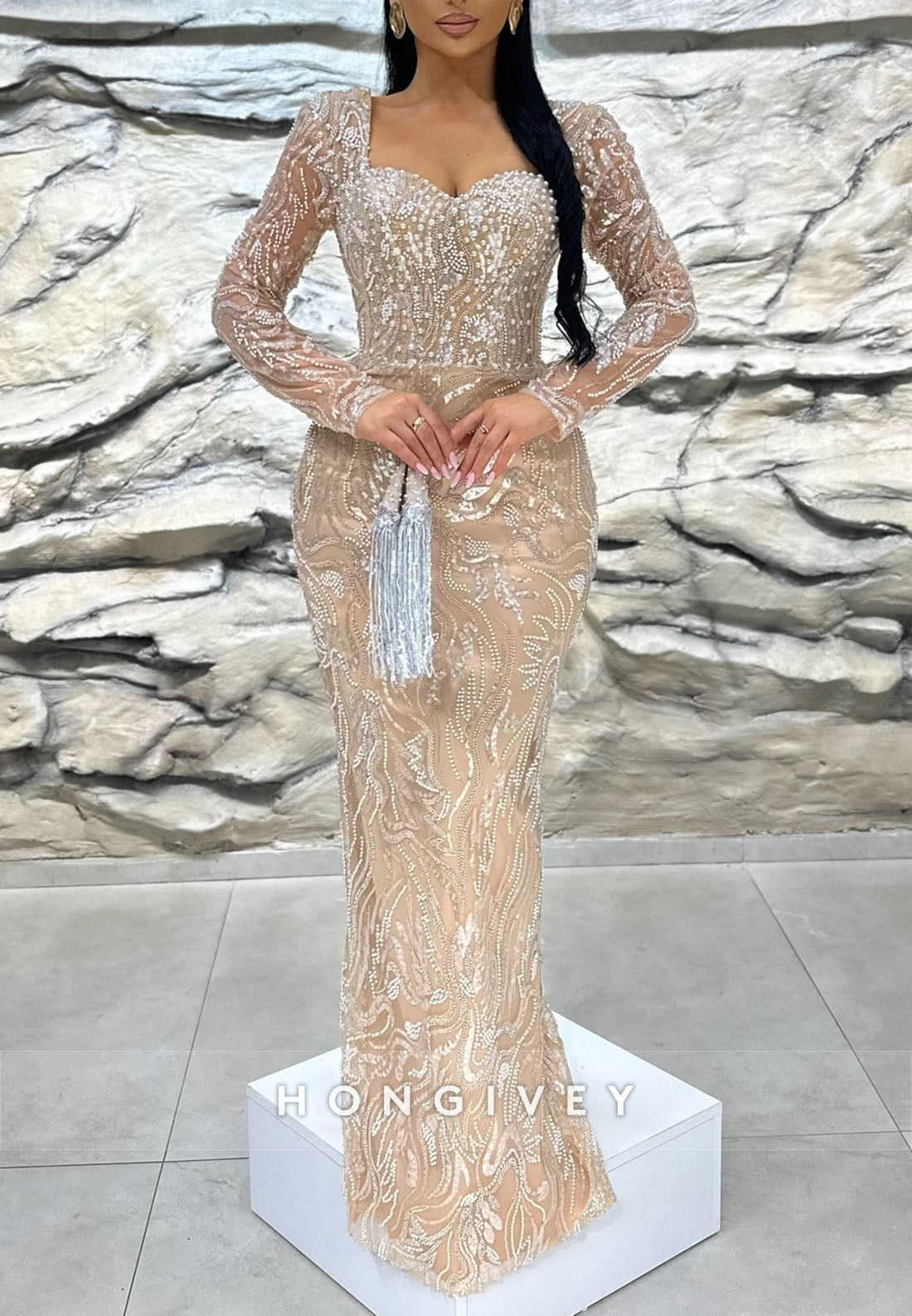 Sheath Formal Dresses Floor-Length Long Sleeve Beading Evening Gown Sheath Formal Dresses Floor-Length Long Sleeve Beading Evening Gown