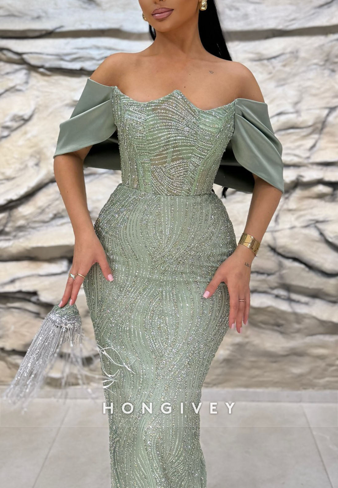 Sheath Floor-Length Metallic Yarn Shawl Off the Shoulder Evening Gown