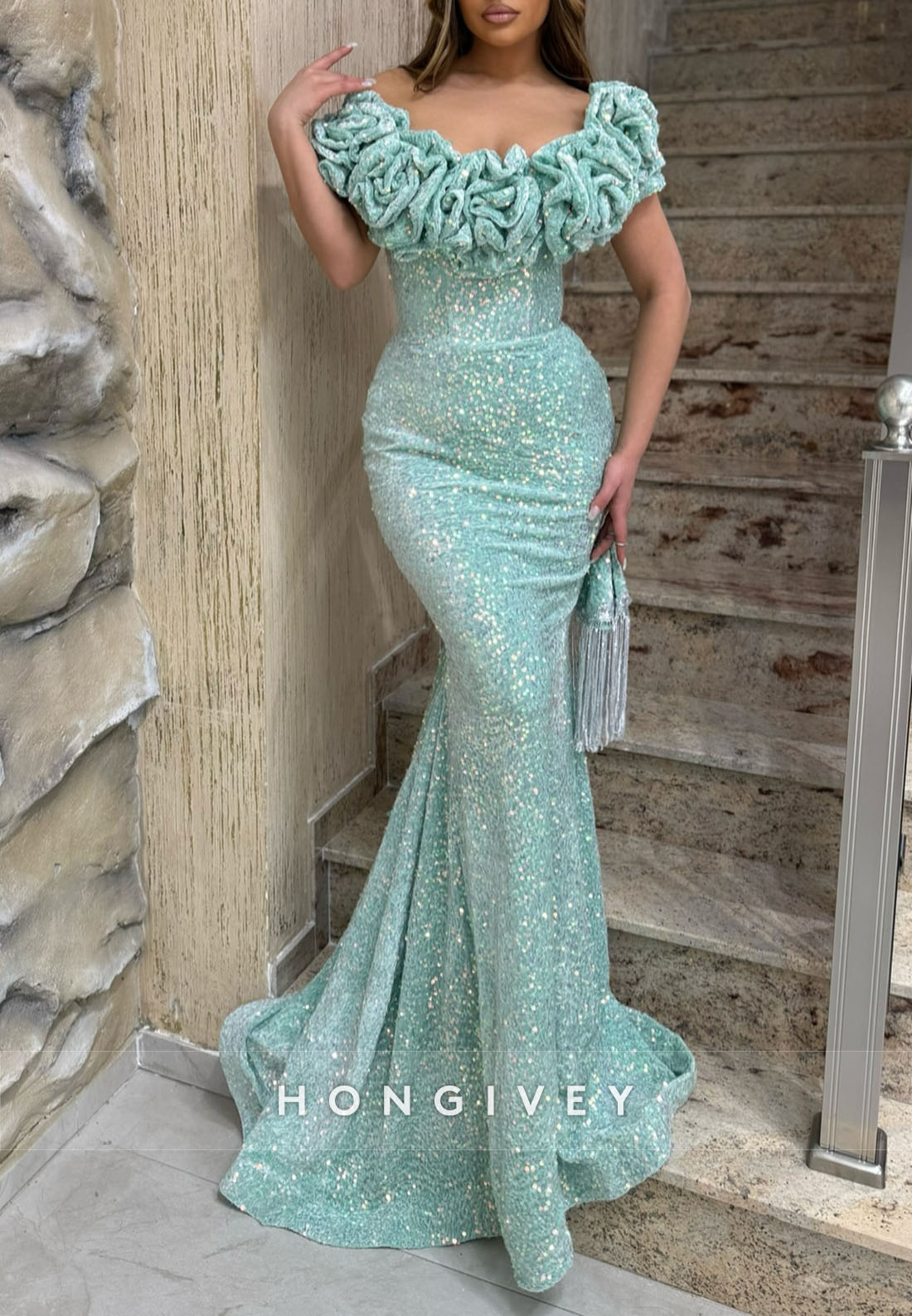 Floor-Length Formal Dresses Sequined Pleated Mermaid Evening Gown Floor-Length Formal Dresses Sequined Pleated Mermaid Evening Gown