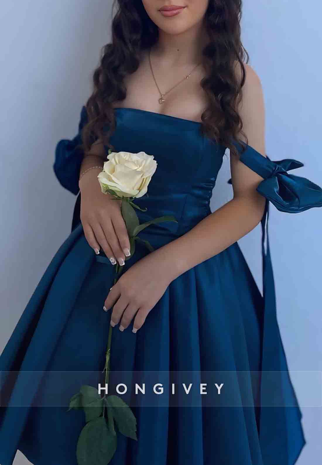 Short Bowknot Off the Shoulder Satin Ruched Pleated Princess Short Homecoming Dresses