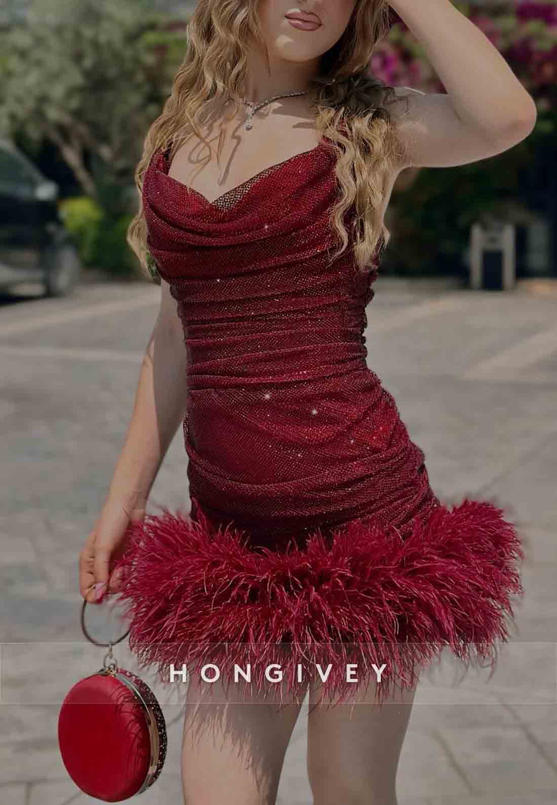 Feather Sleeveless Cowl Neck Regular Straps Cowl Back Short Homecoming Dresses