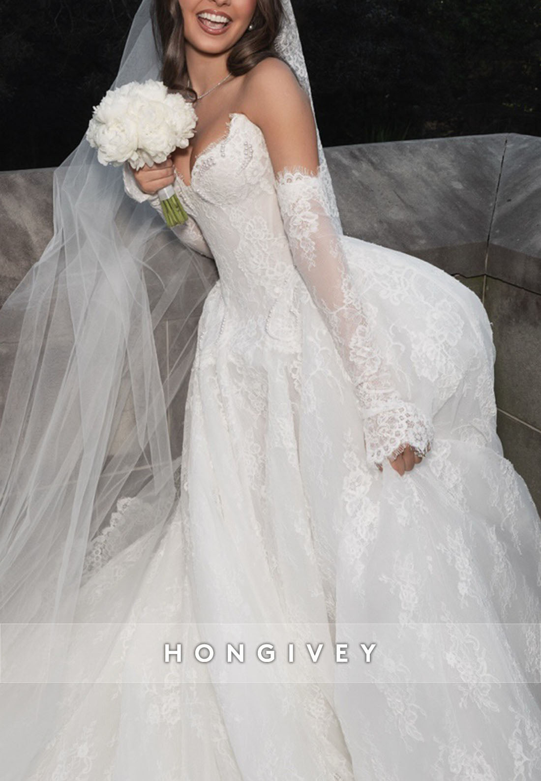 Lace Strapless Scalloped Neck Princess Empire Wedding Dresses