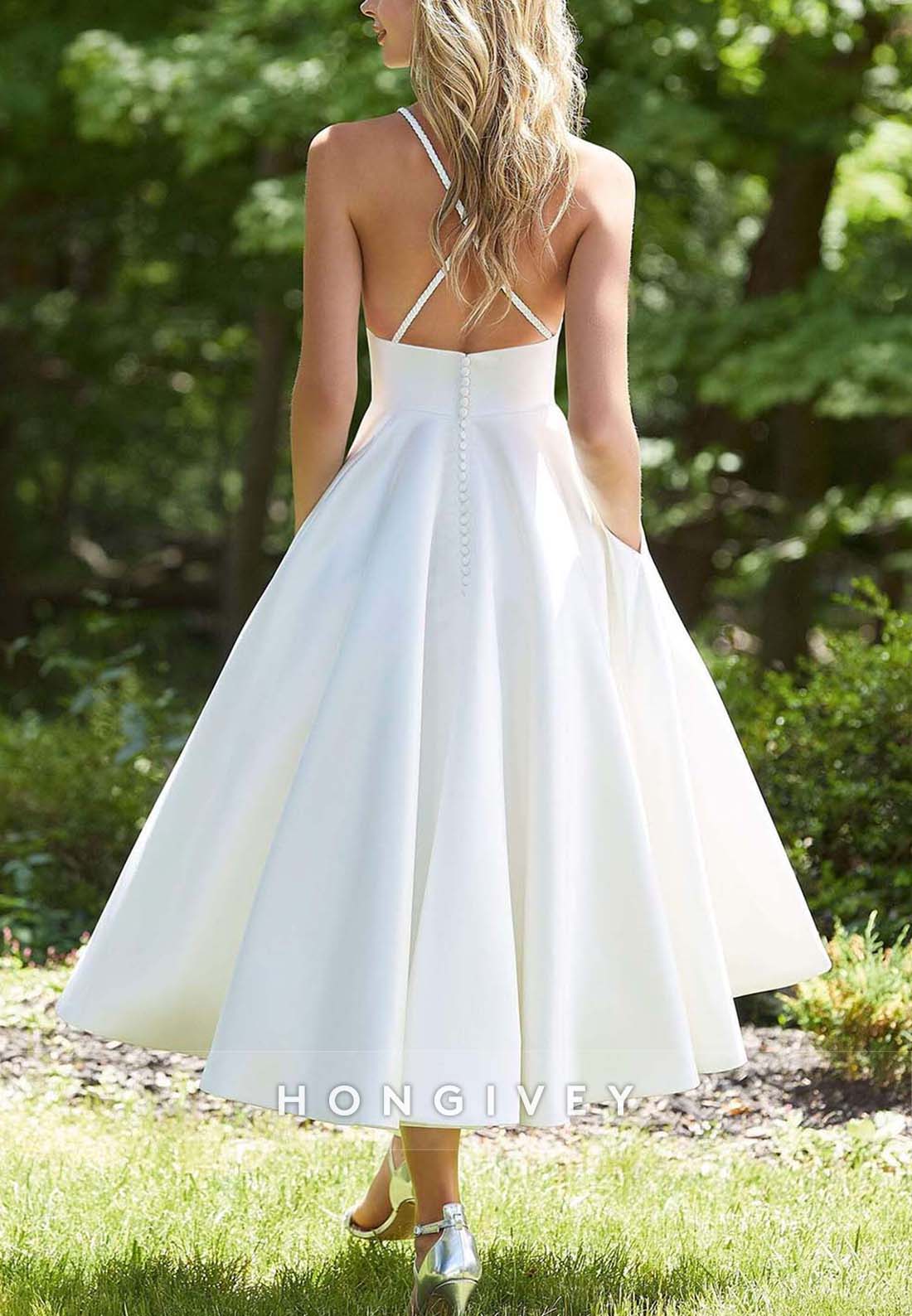 Princess Tea-Length Sleeveless Pleated Crisscross Back Regular Straps Wedding Dresses