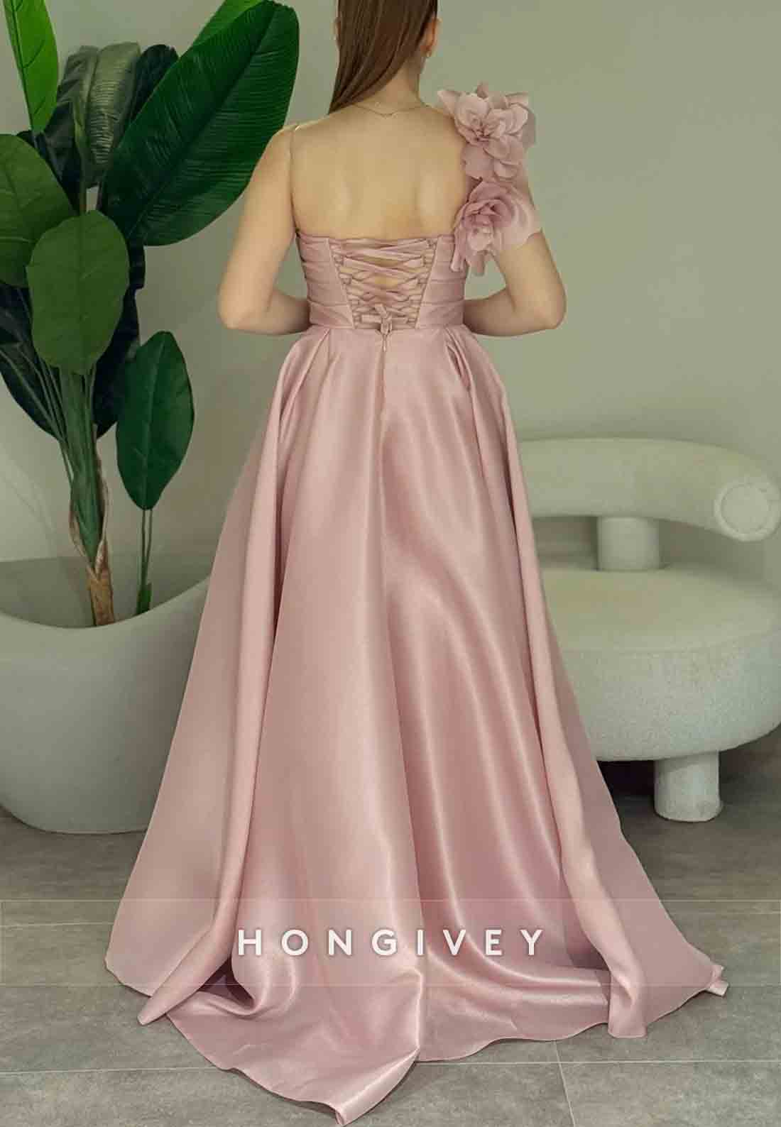 A-line Shoulder Flower One Shoulder Empire Crisscross Back Evening Gowns