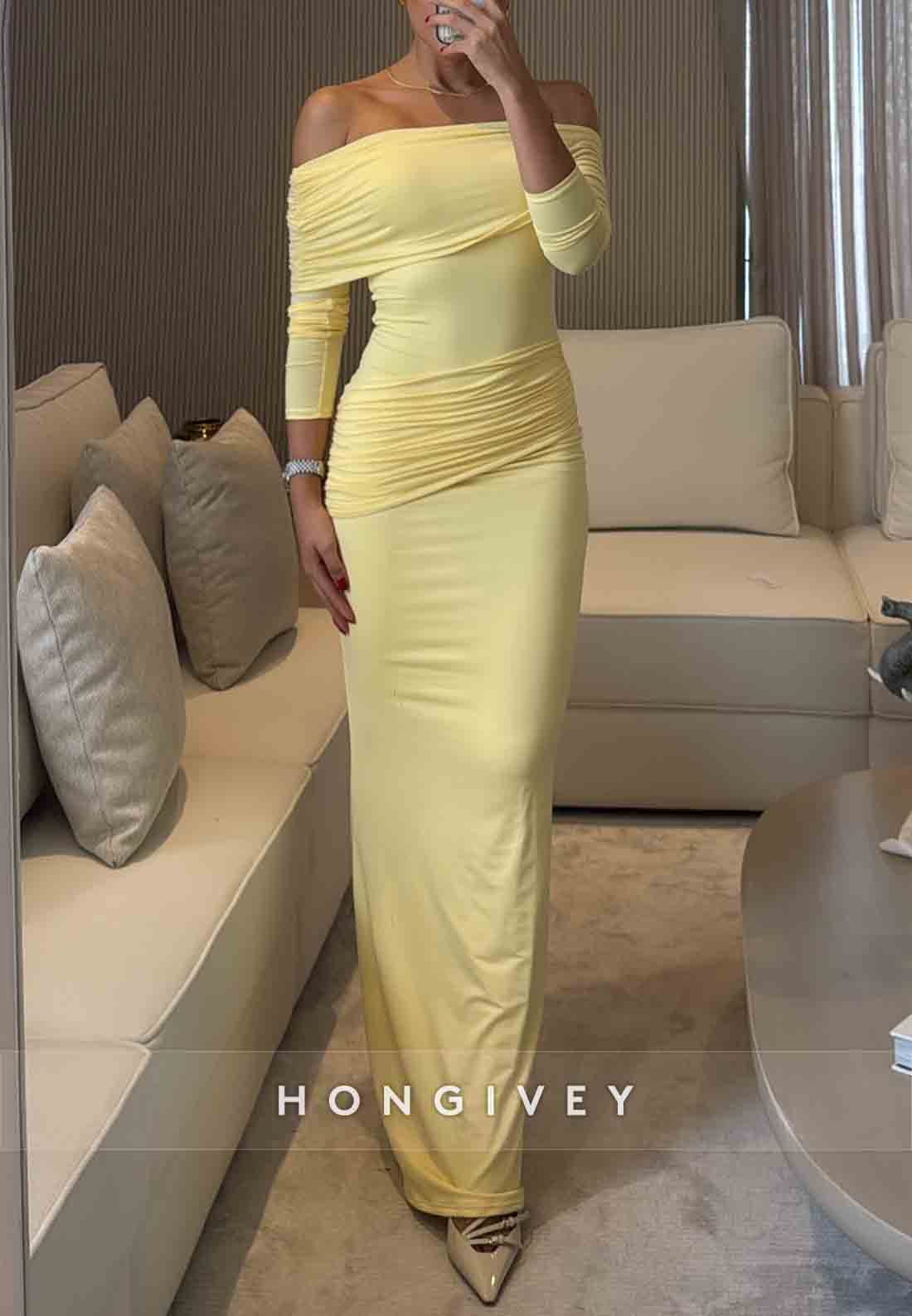 Off the Shoulder 3/4 Sleeve Floor-Length Pleated Column Evening Gowns