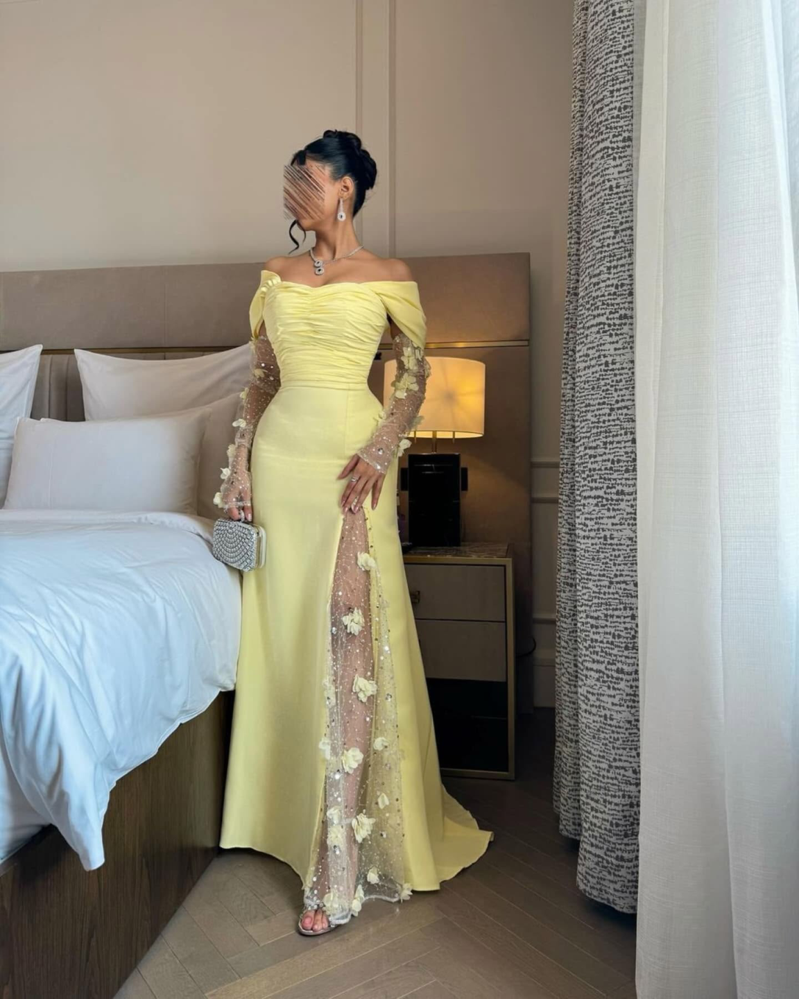 Elegant Lace Applique Trumpet Prom Gown Long Sleeves Satin Formal Part Elegant Lace Applique Trumpet Prom Gown Long Sleeves Satin Formal Part