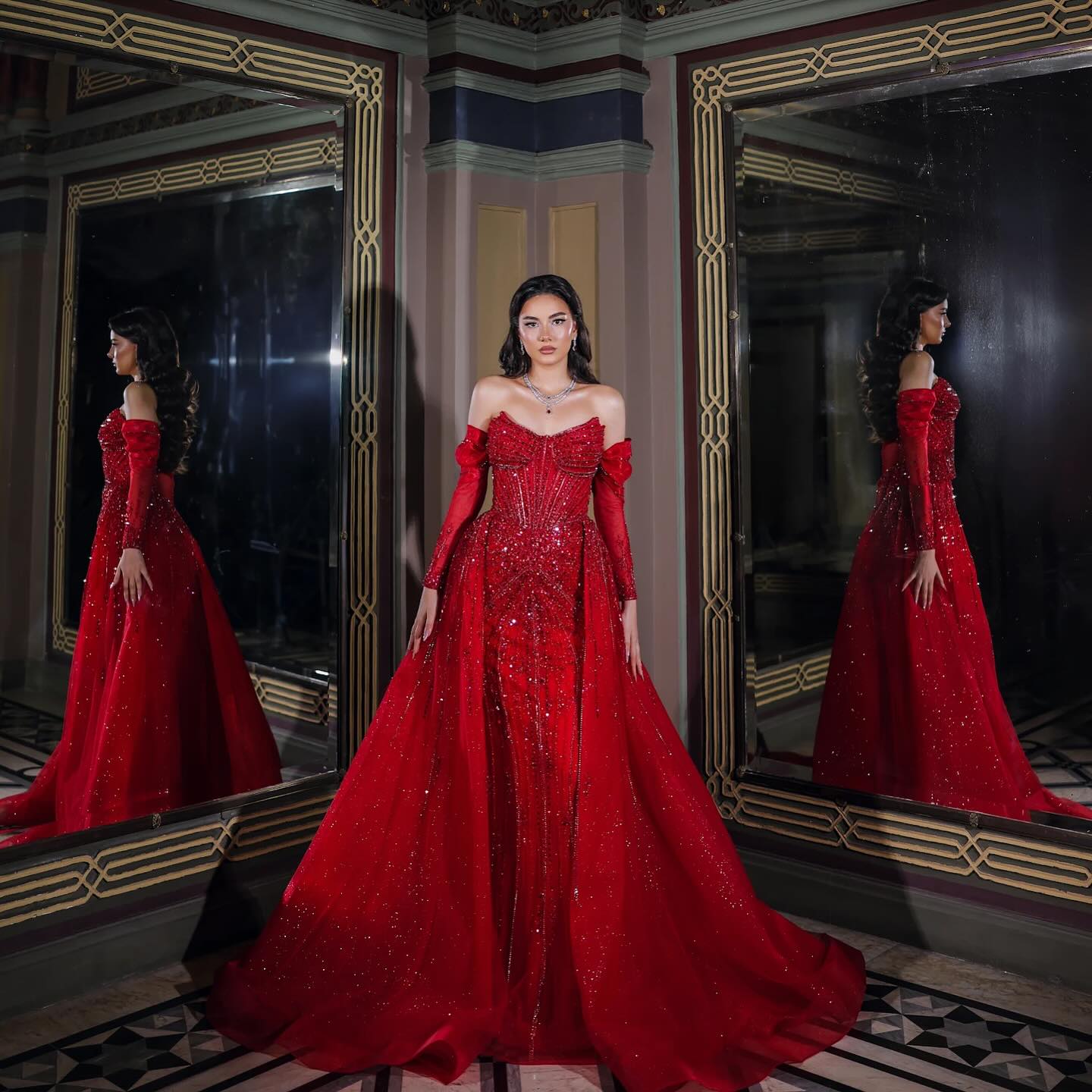 Red Sweetheart Long Sleeve Mermaid Court Train Floor-length Evening Dress