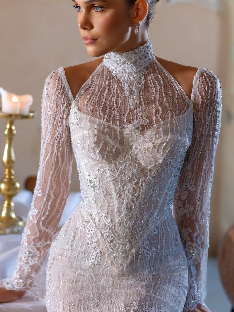 Elegant High Neck Lace Long Sleeve Backless Mermaid Beaded Floor-Length Wedding Dress